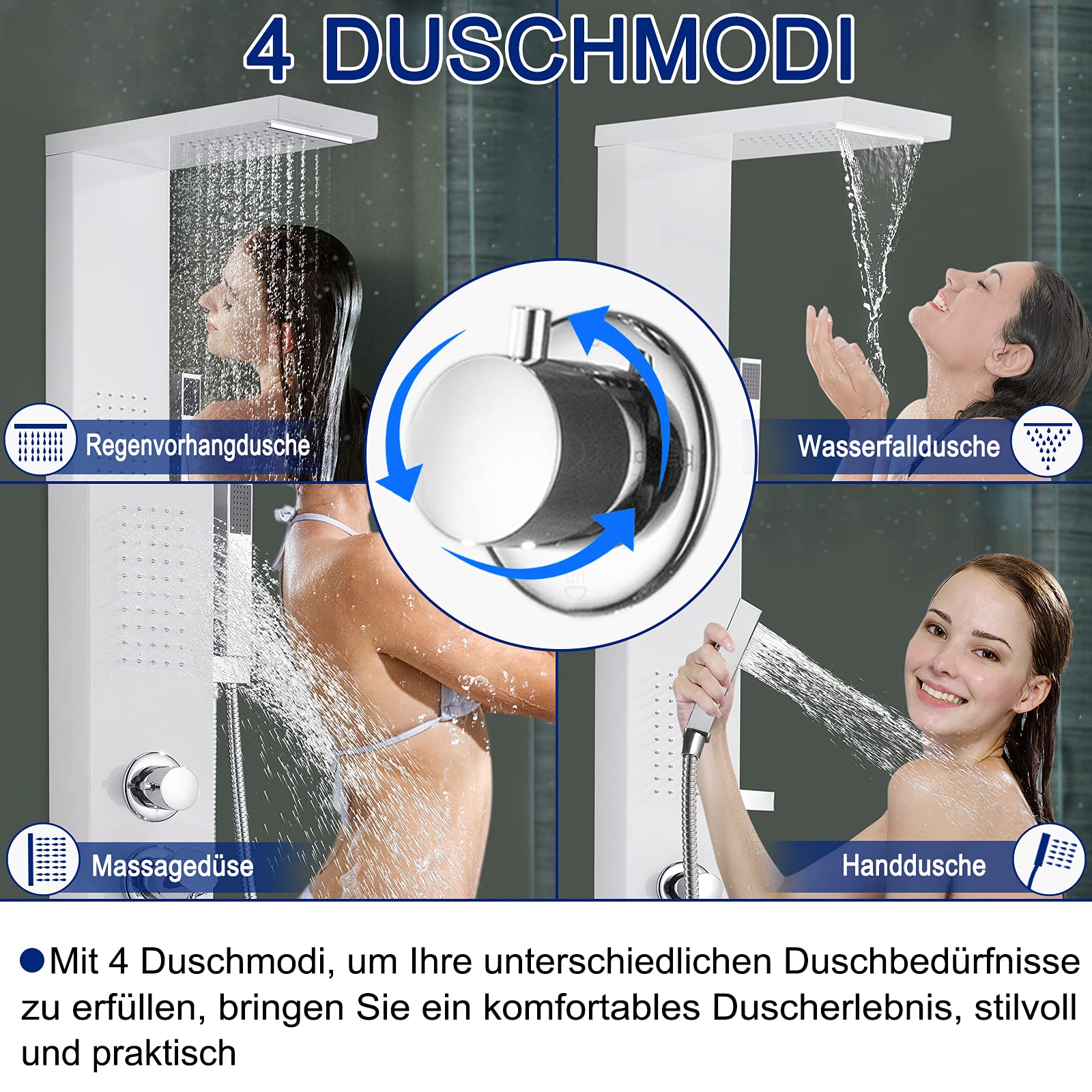 UISEBRT Pannello Doccia Idromassaggio in Acciaio Inox - 4 Funzioni Colonna Doccia Set con per Bagno Inox Sistema Set Doccia con Soffione Fisso,Massaggi,Doccetta e Bocca Vasca (Bianco opaco)