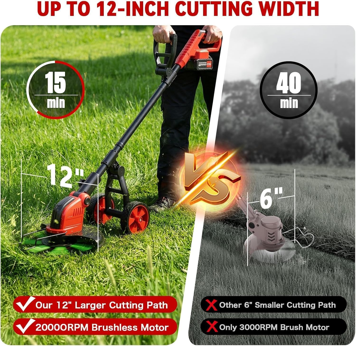 Decespugliatore elettrico da 30,5 cm, con 2 batterie da 3,0 Ah e caricabatterie, potente 20000 giri/min, 4 tipi di lame, decespugliatore telescopico con ruote staccabili per potatura da giardino