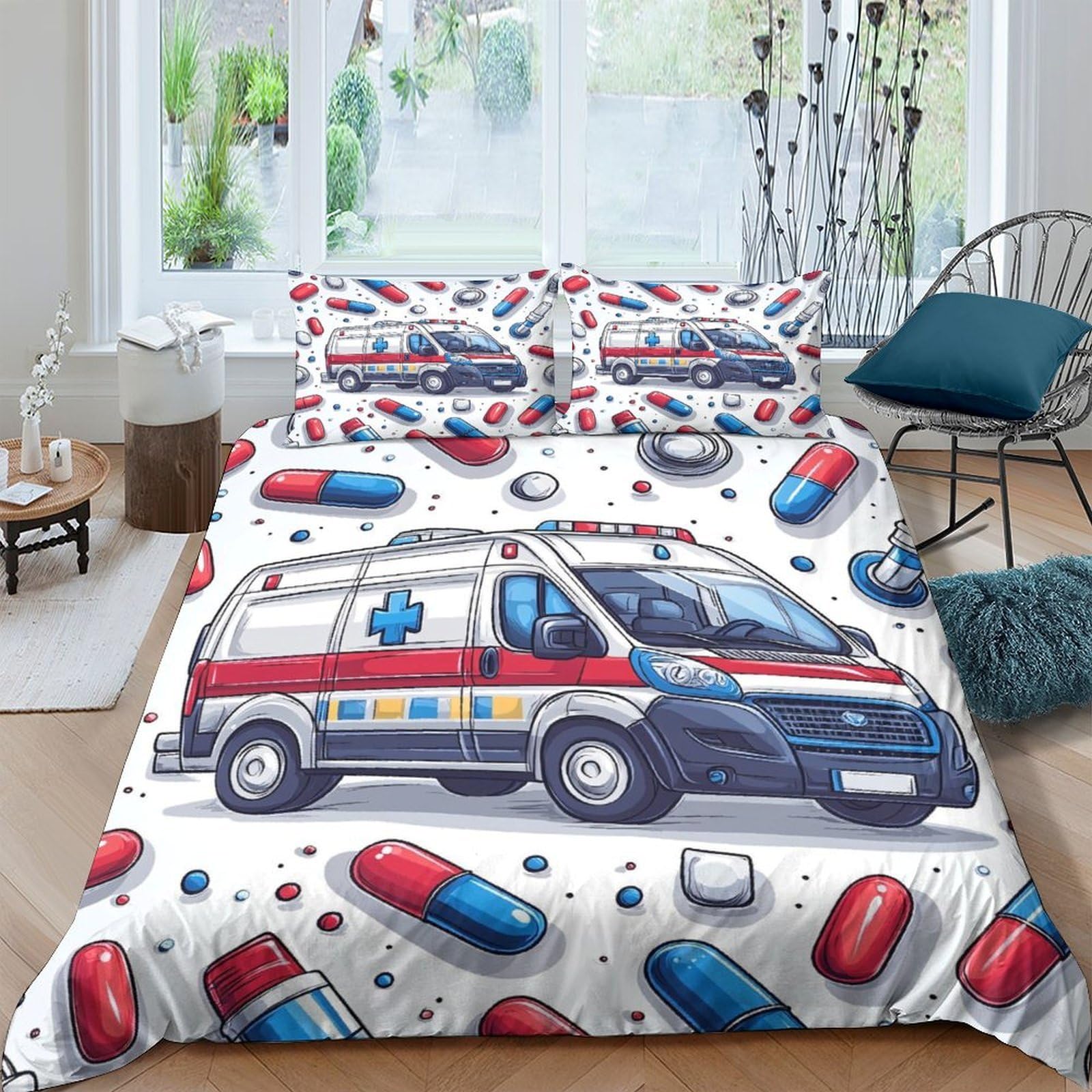 Ctjqhvkz Style-10 3D Printed Ambulance Vehicle Fitted Sheet Microfiber Soft Breathable Medicine Capsule Bed Cover For Bedroom Dorm Mattress Decor Single（135X200cm）