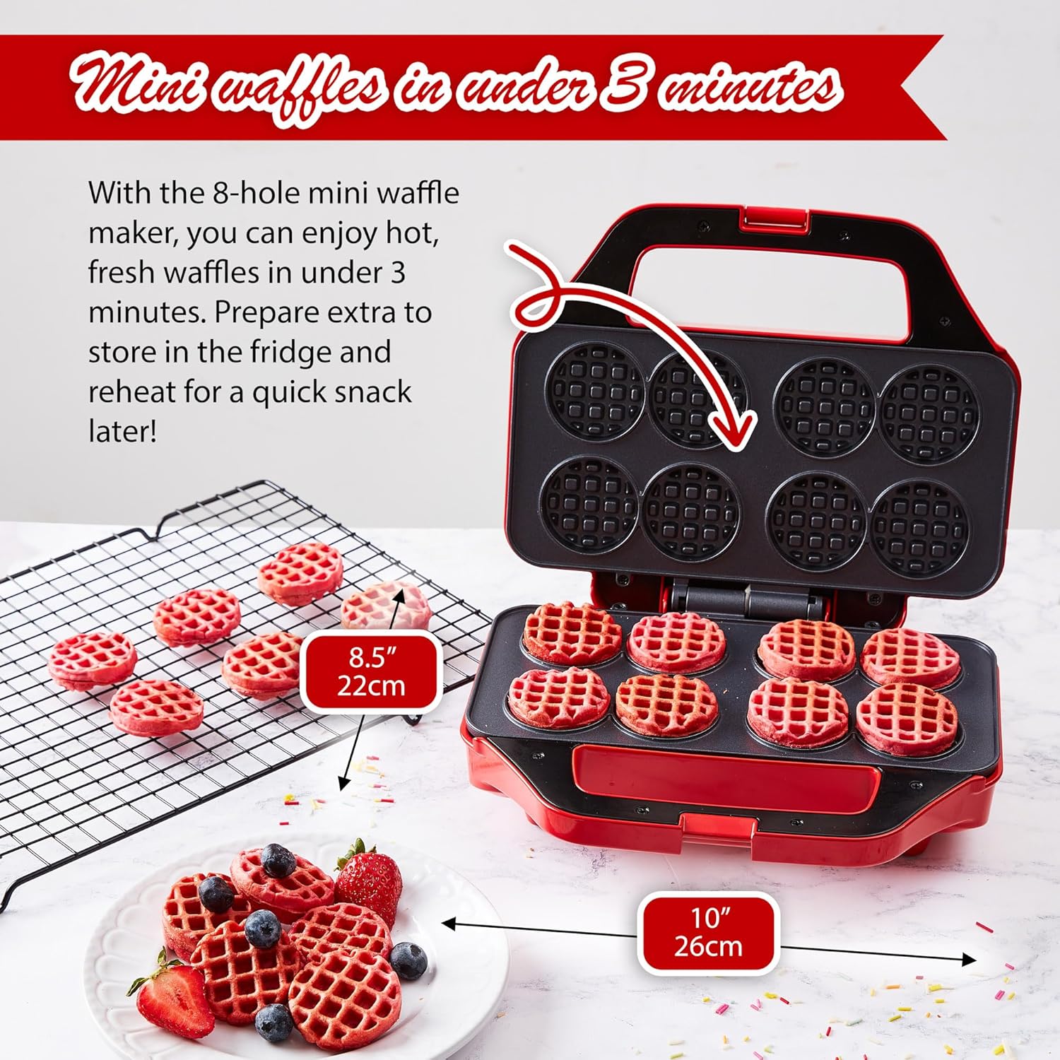 Mini Waffle Maker for Kids, Small Non-Stick Waffle Iron, Makes 8 x 2" Thin Waffles, Easy to Use, Waflera Electrica, Recipes Included