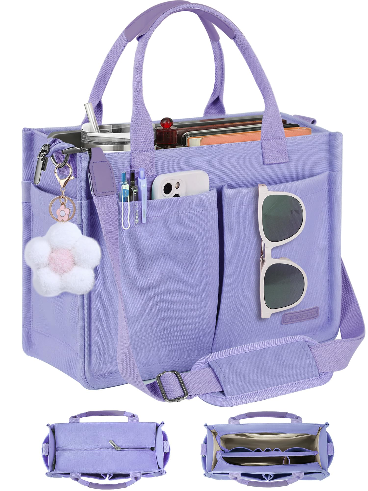FIORETTO Womens Canvas Tote Bag Purse with Individual Compartment, Zipper Top, Reinforced Bottom &amp; Luggage Sleeve