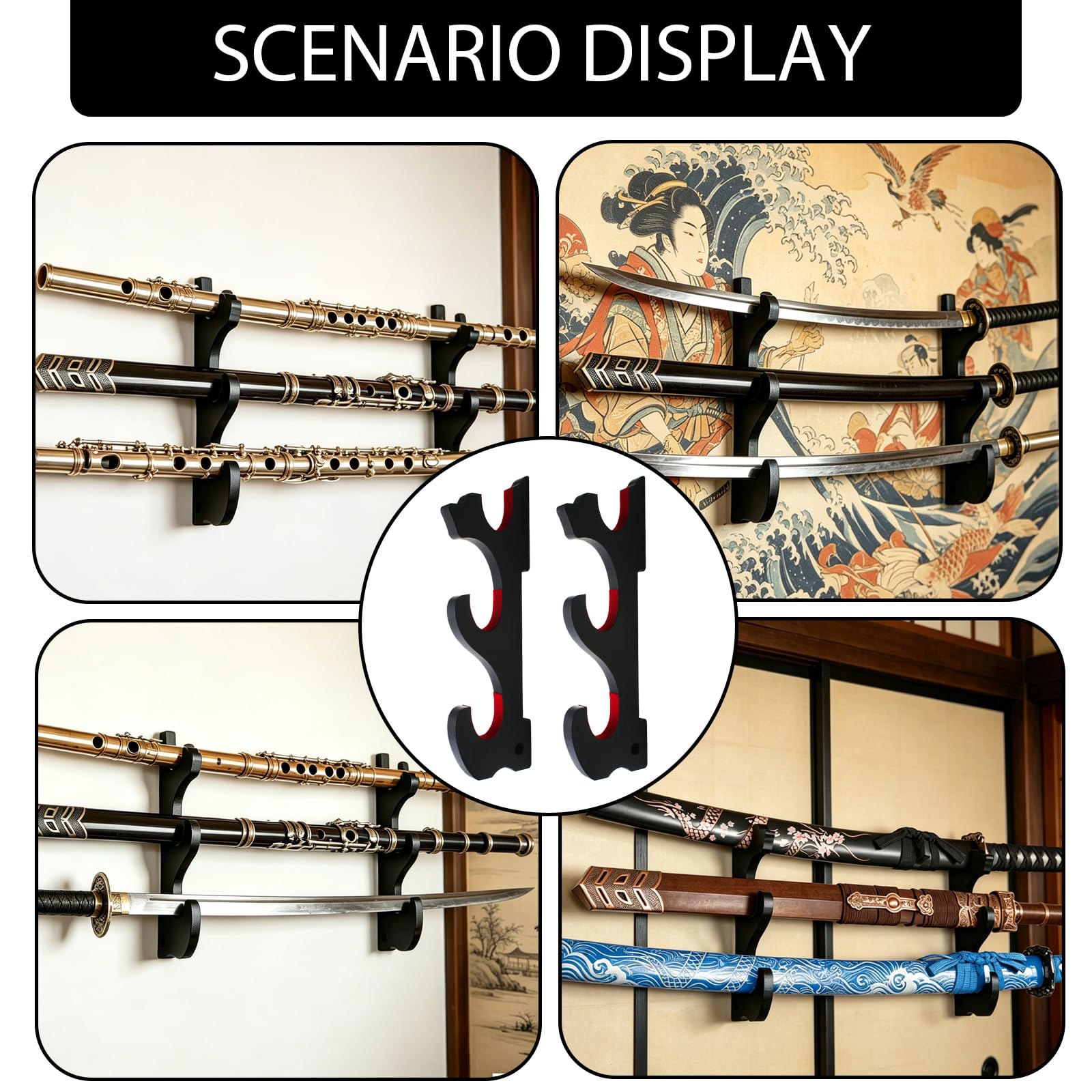 Soporte para Katana 3 Niveles Estante de Pared Madera Exhibición Espada Organizador Vertical Sable Wakizashi Tanto