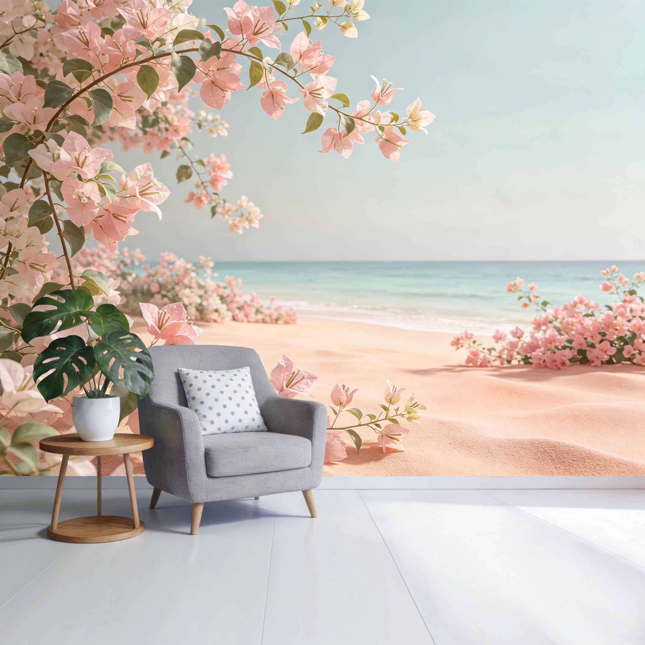Custom Size Wall Mural Coastal Pink Bougainvillea Beach Landscape Ocean View SelfAdhesive Wall Fabric Removable Wallpaper for Home Office Decor