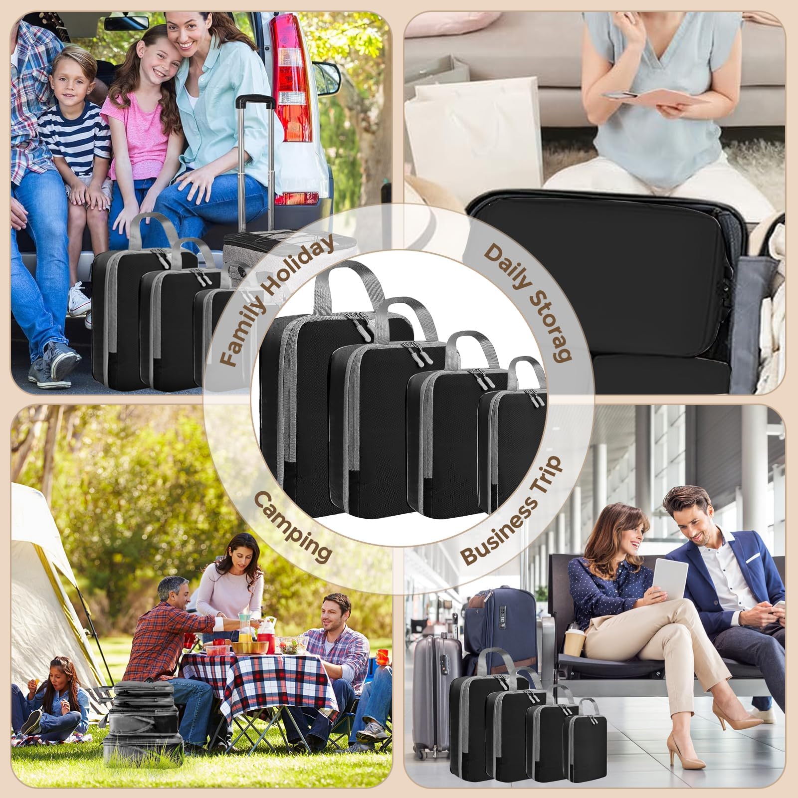 LANSKLBD 4/6/8 Set Packing Cubes for Suitcases Travel Luggage Packing Organizers,Travel Accessories Essentials Luggage Organizer with Shoe/Tioletry/Laundry Bag (Black, 4 set) view 6