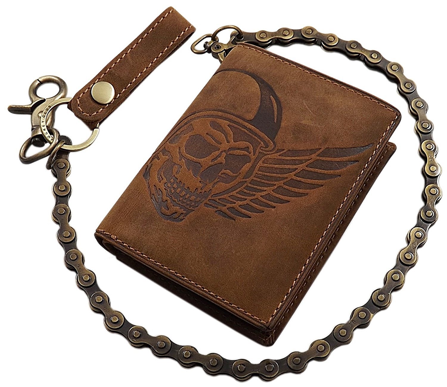 Cuero de búfalo Cartera con Cadena metálica con Calavera-Motivo en Formato Vertical o Formato oblongo con Bloqueo RFID y NFC en marrón