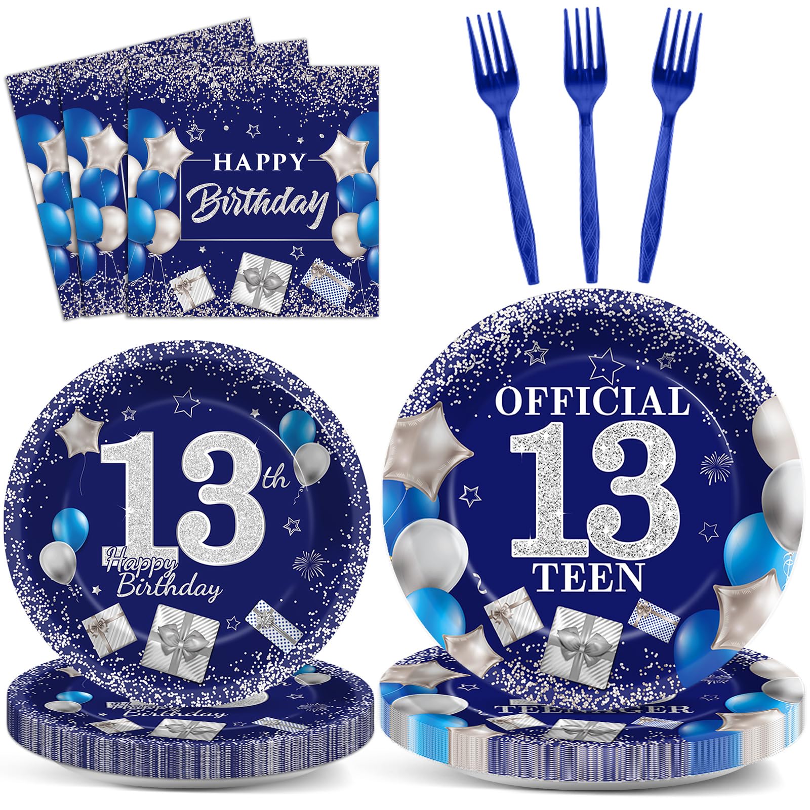 gisgfim 96 PCS 13th Birthday Party Supplies 13th Birthday Plates and Napkins Official Teen 13th Tableware Blue and Silver Dinnerware Set 13 Years Old