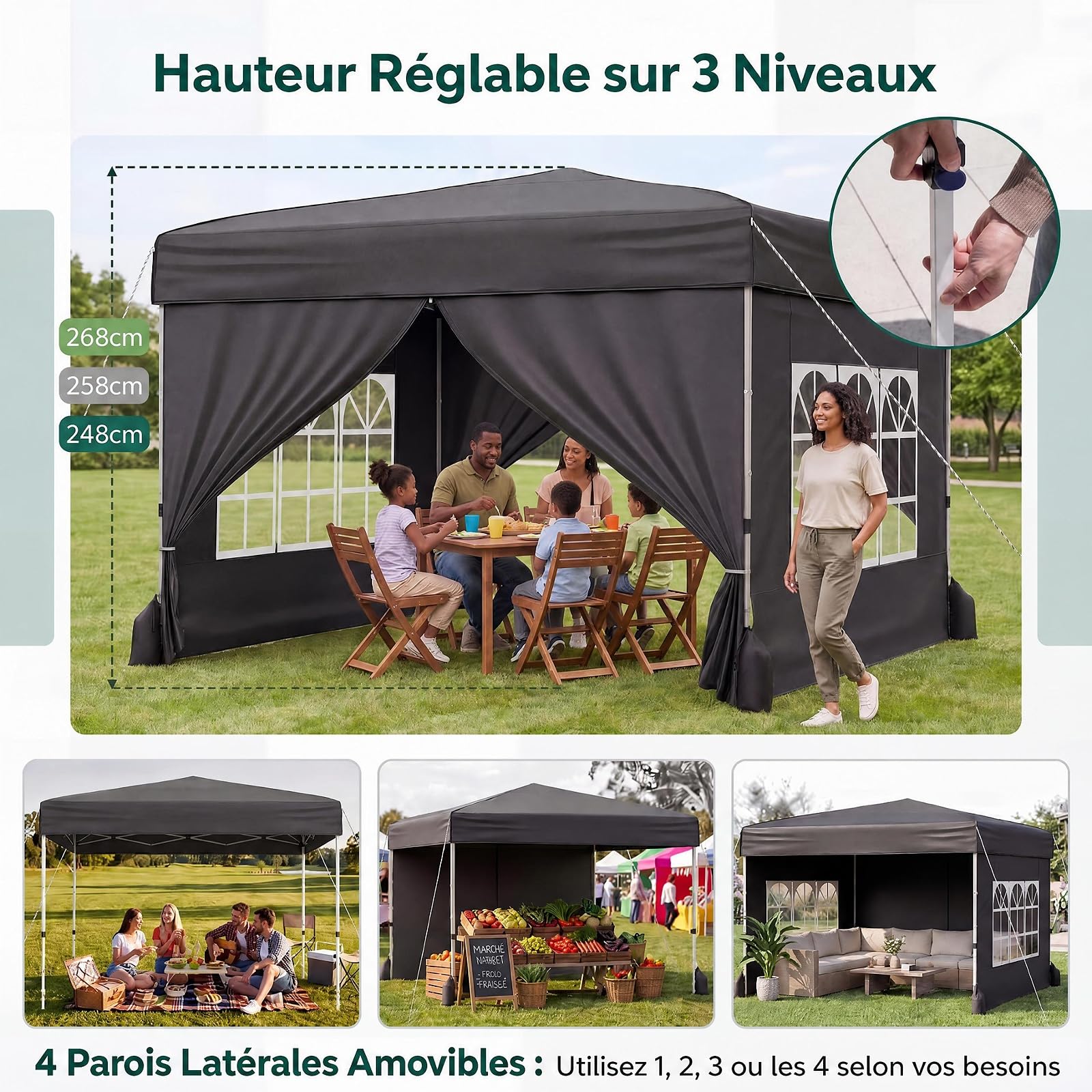 RELAX4LIFE Tonnelle Pliante 3x3 avec Parois, Barnum Pliant 3x3 pour Jardin/Marché/Camping, Cadre en Acier au Carbone, Tissu Oxford Argenté, Gazebo Tente de Réception avec Sac à roulettes (Noir)