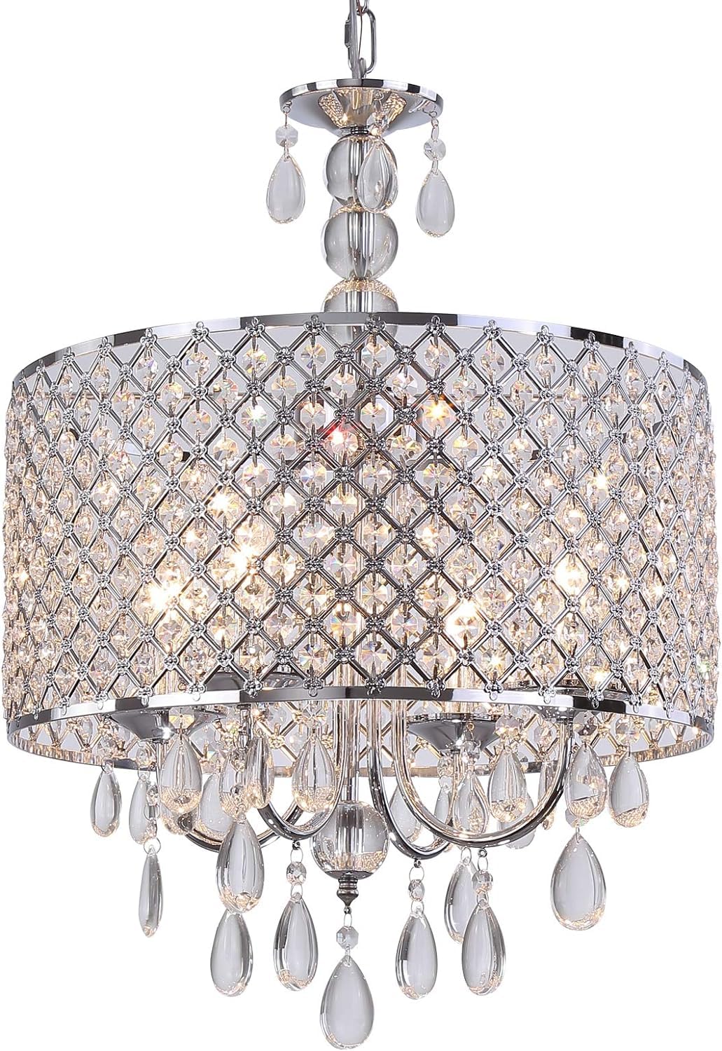 RENYUEH 4-Lights Drum Crystal Shade Black Chandeliers Pendant Light Compatible with Kitchen Island Dining Room Living Room Foyer Entryway Bedroom.Suitable Compatible with Living Dining Bedroom, hang