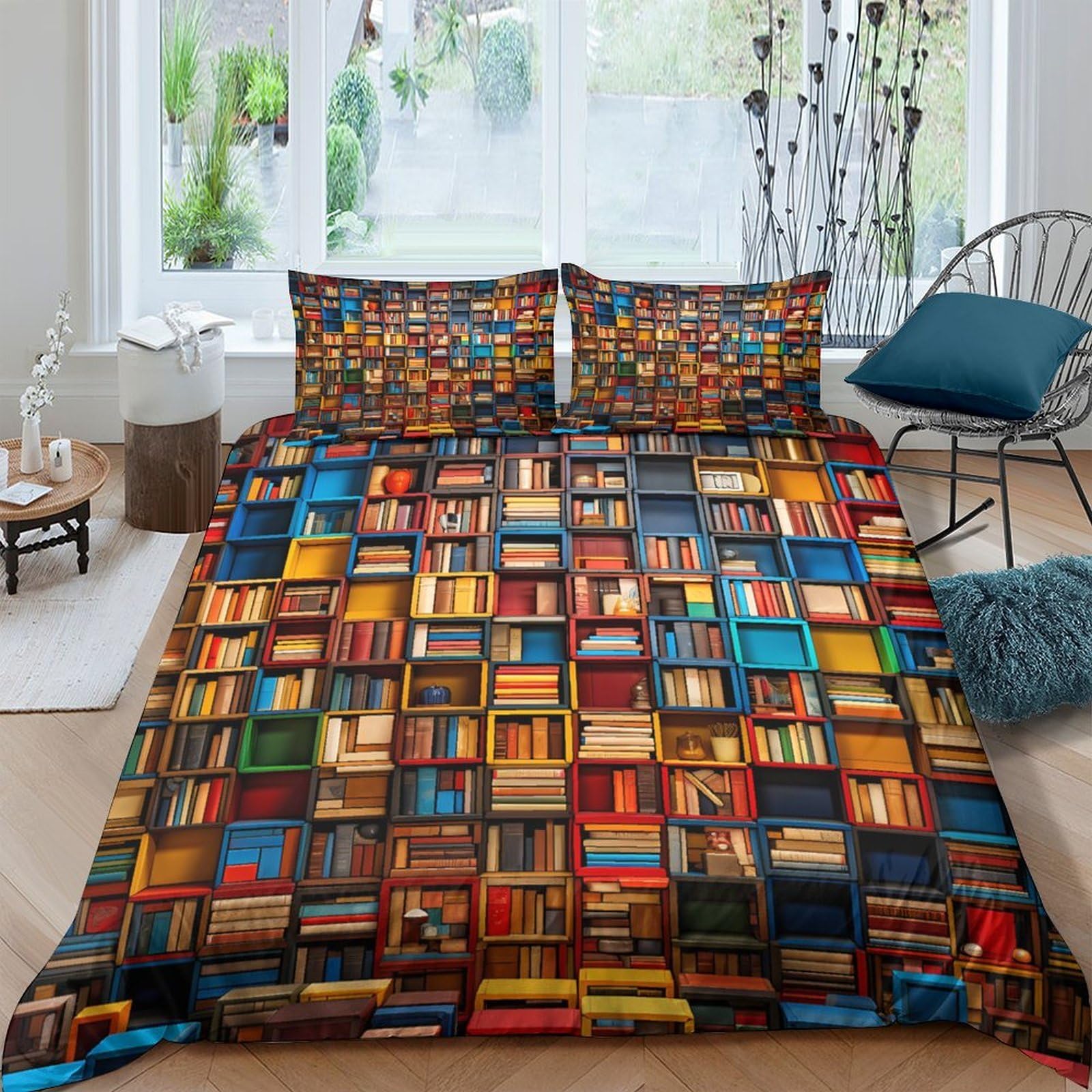 Ctjqhvkz Style-8 3D Printed Bookshelf Pattern Fitted Sheet Microfiber Bed Cover Colourful Library Decor For Bedroom Guest Room Single（135X200cm）