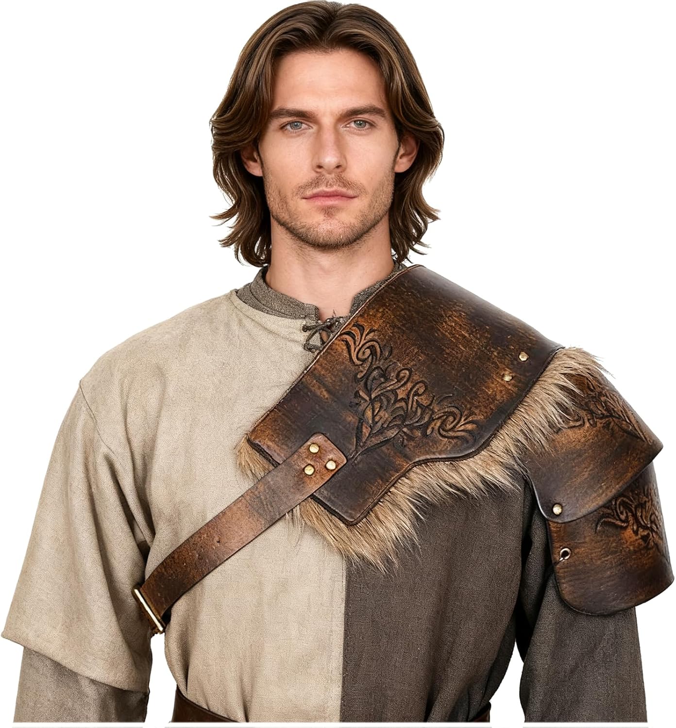 L'VOW Men Medieval Fur Shoulder Armor Adjustable Warrior Viking Leather Armor for Halloween LARP Cosplay - Image 3