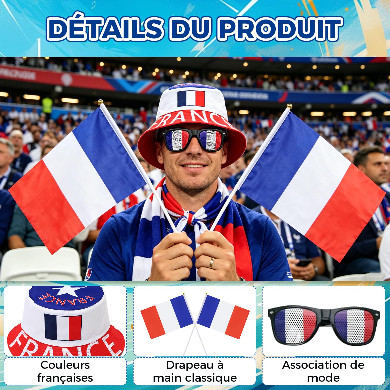 Kit Supporter France 7 Pièces, Football Accessoire Chapeau avec Lunettes, Drapeaux et Tatouages pour la Coupe du Monde 2026, Idéal Lors des Soirées de Match pour Garçons et Filles