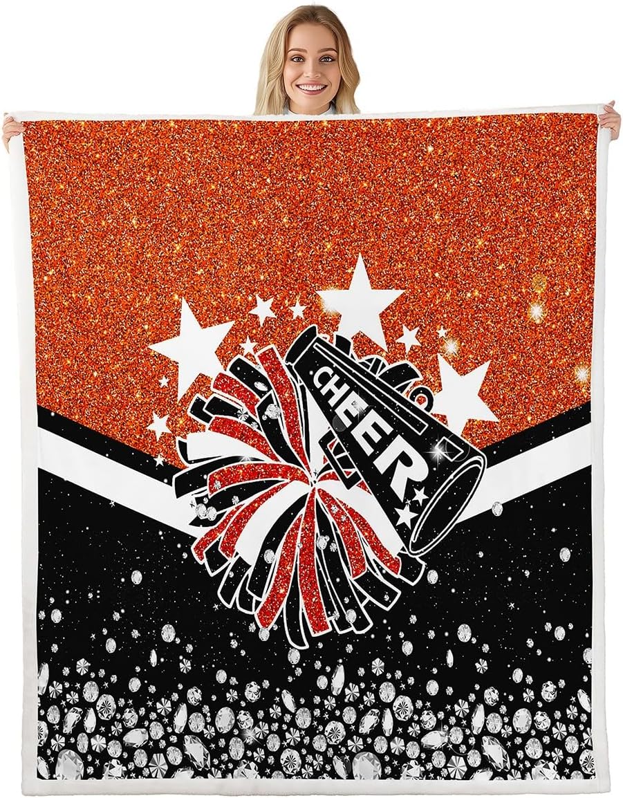 Cheerleading Queen Fleece Blanket Cute Cheerleader Fuzzy Blanket For Girls Black And Orange Throw Blanket Glam Dancer Princess Sherpa Blanket, Cheerleading Cheerleader Dance Blanket For Sofa Couch