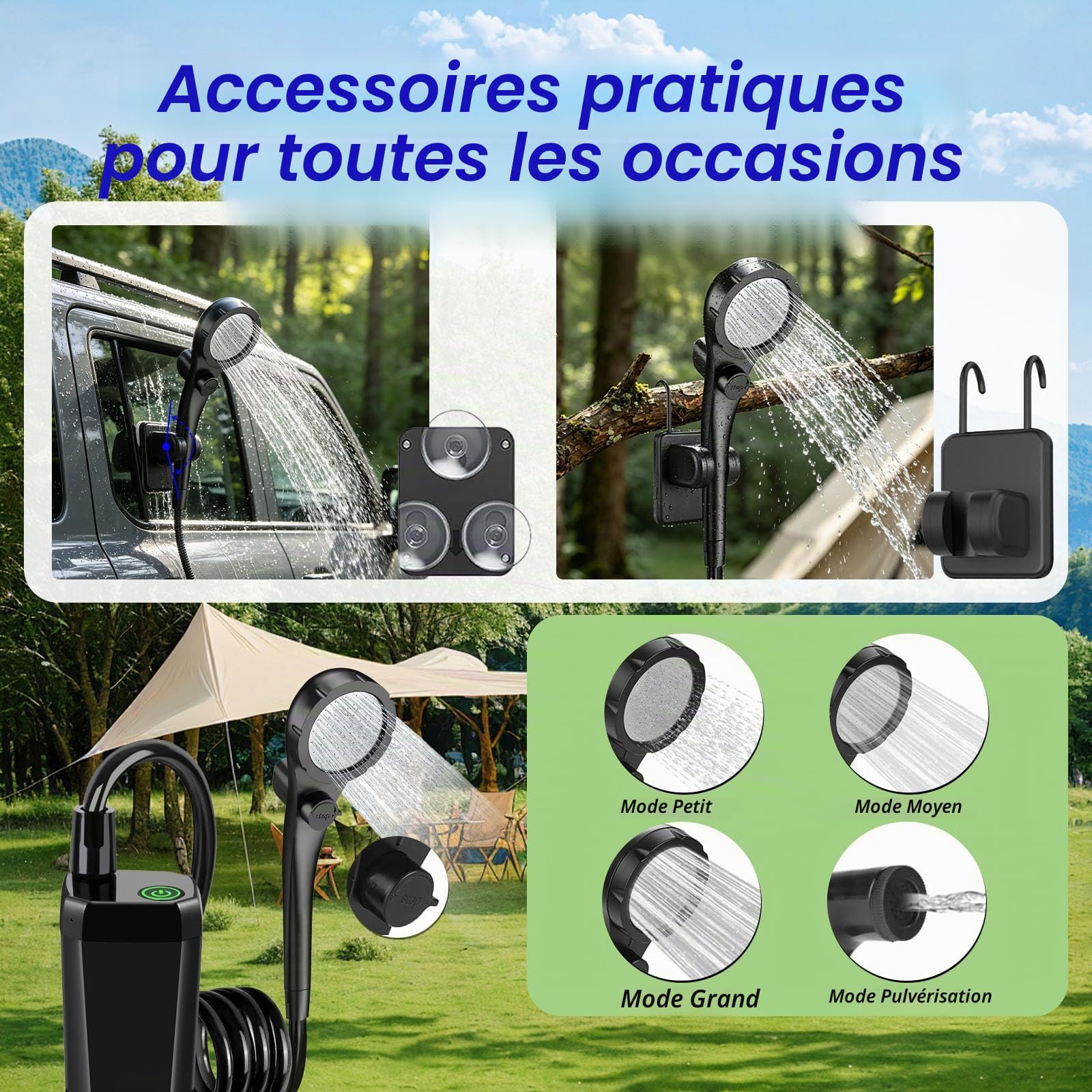 Douche Camping Portable 6000mAh avec Pompe, écran LED – Douche Extérieure IPX7, Douchette, pour Jardin, Plage, Voyage & Animaux