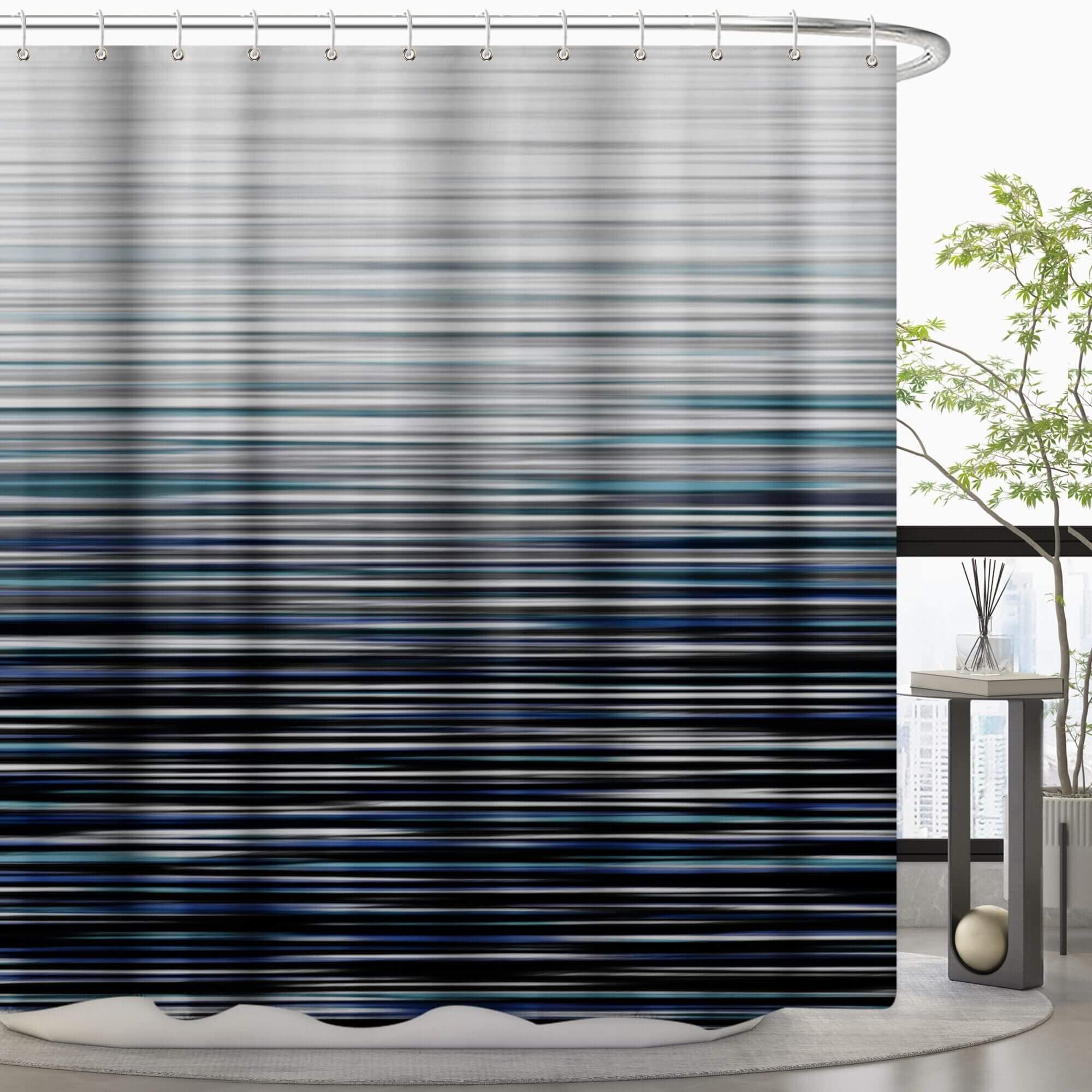 BROSHAN 84 inch Modern Shower Curtain, Simple Stripes Pattern Fabric Decorative Shower Curtains for Mens Bathroom, 72 x 84 Inches Long Waterproof Shower Curtain Set with Hooks, Navy Blue Grey Black