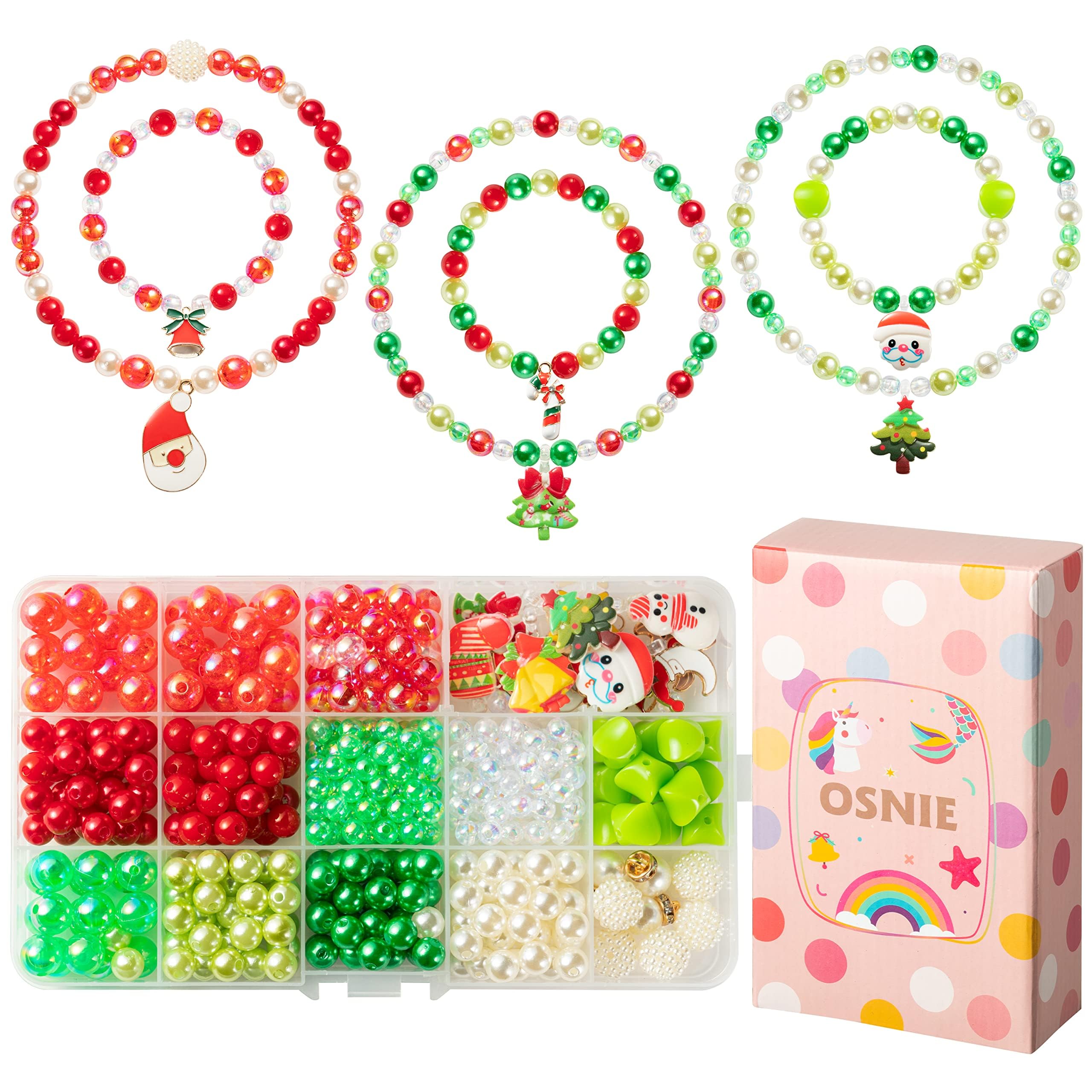 OSNIE Christmas DIY Bead Jewelry Making Kit - Red Green Santa Claus Snowman Xmas Trees Reindeer Stocking Bell Bead Jewelry for Kids Boys Girls Birthday Party, DIY Bracelets Necklaces Craft Kit, 400PCS