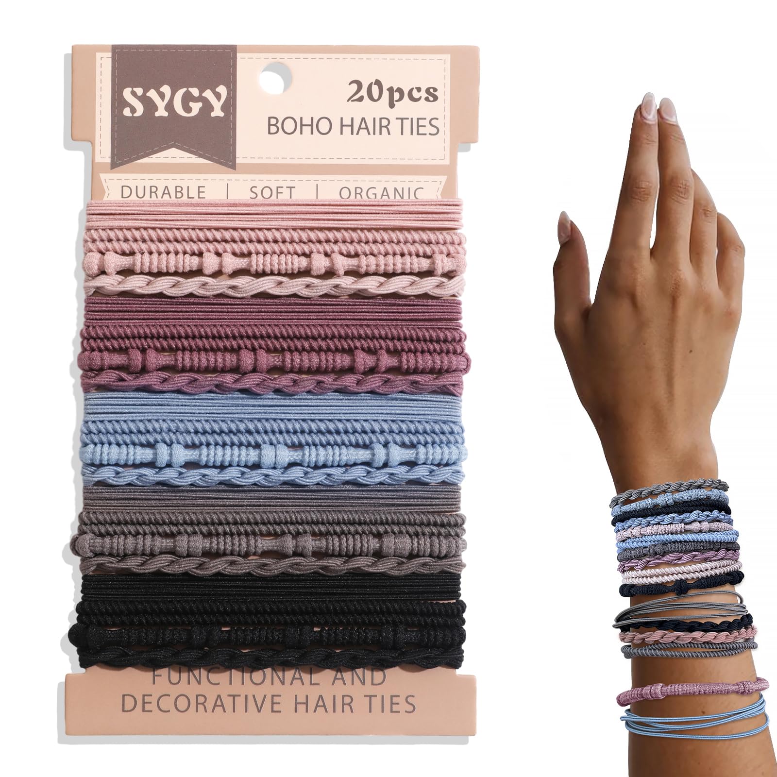 20 PCS Boho Hair Ties, Bracelets Hair Ties for Thick or Thin Hair, 4 Styles Boho Ties for Ponytail Holders, 2.36’’ Hair Ties No-Damage, Multicolor