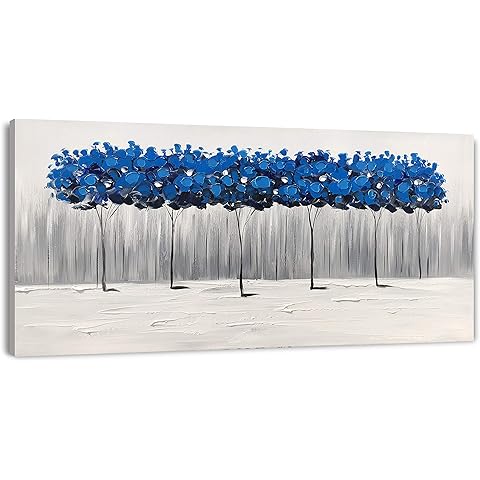 Yihui Arts Hand Painted Blue Tree Landscape Oil Painting on Canvas, Modern Abstract Wall Art for Living Room, Bedroom, Office Decor