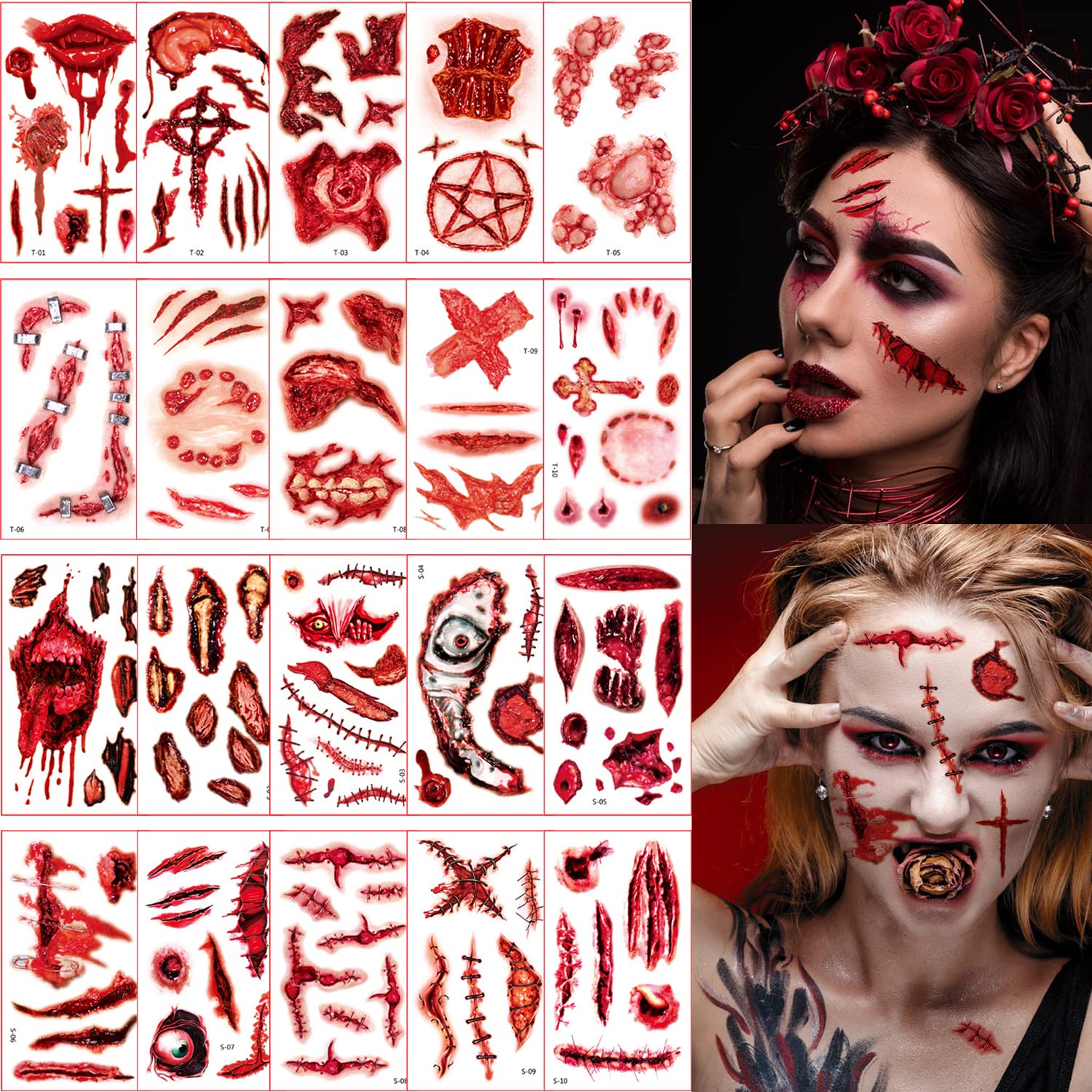 20 Sheets Halloween Fake Scars Temporary Tattoos 3D Fake Scars Zombie Tattoo Halloween Makeup Kit Scars Wound Blood Tattoos Stickers for Women Men Adults Kids