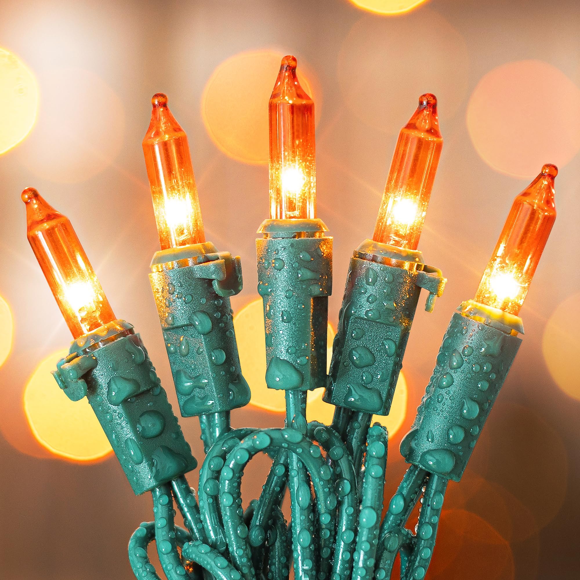 50Count Orange Mini Christmas Light Set, 10ft Green Wire