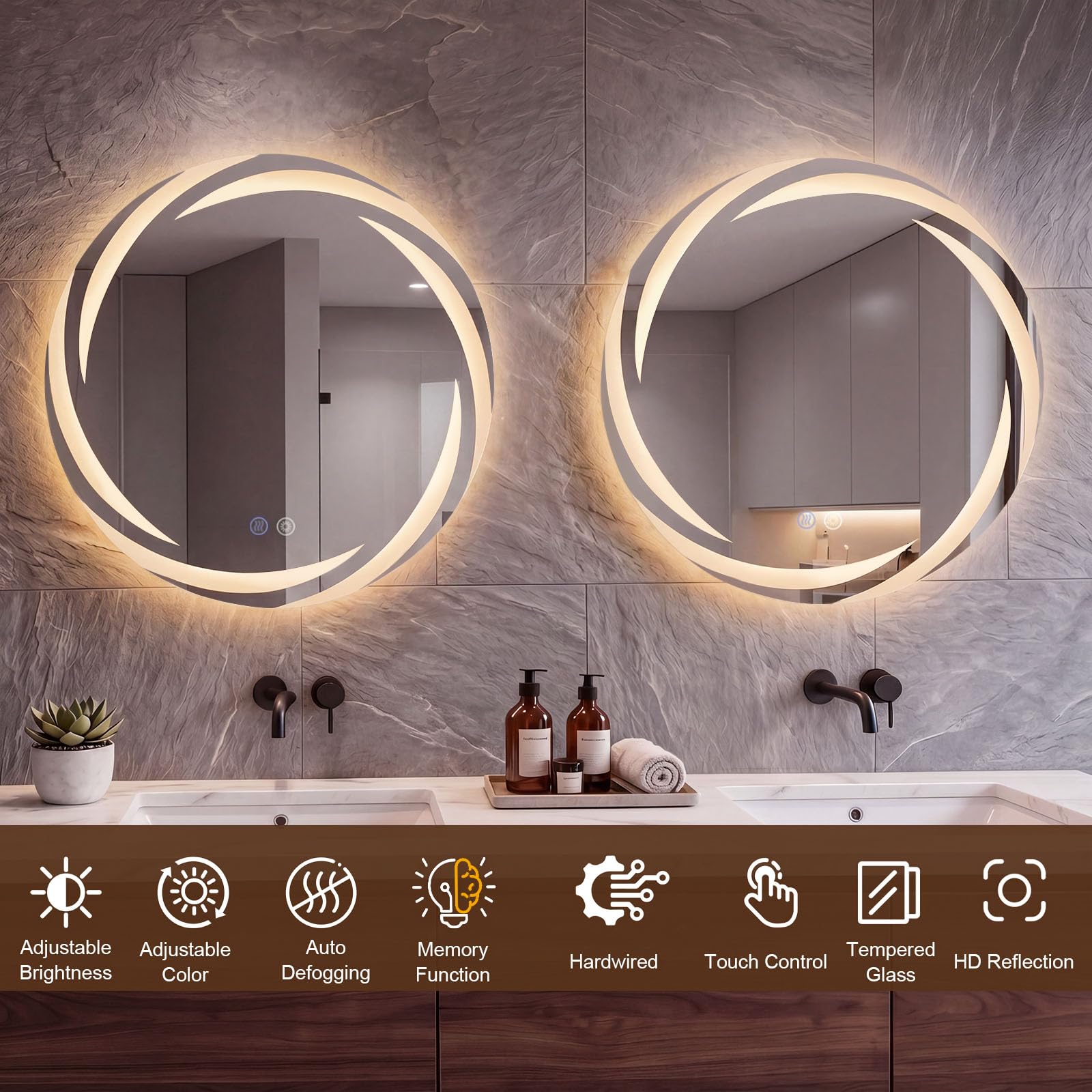 GIANTEX Specchio Rotondo LED per Bagno 60/70/80 CM, Specchio da Trucco Retroilluminato con 3 Colori di Luce, Dimmerazione Continua, Anti-Appannamento, Memoria, Vetro Temperato (70L x 70l cm)