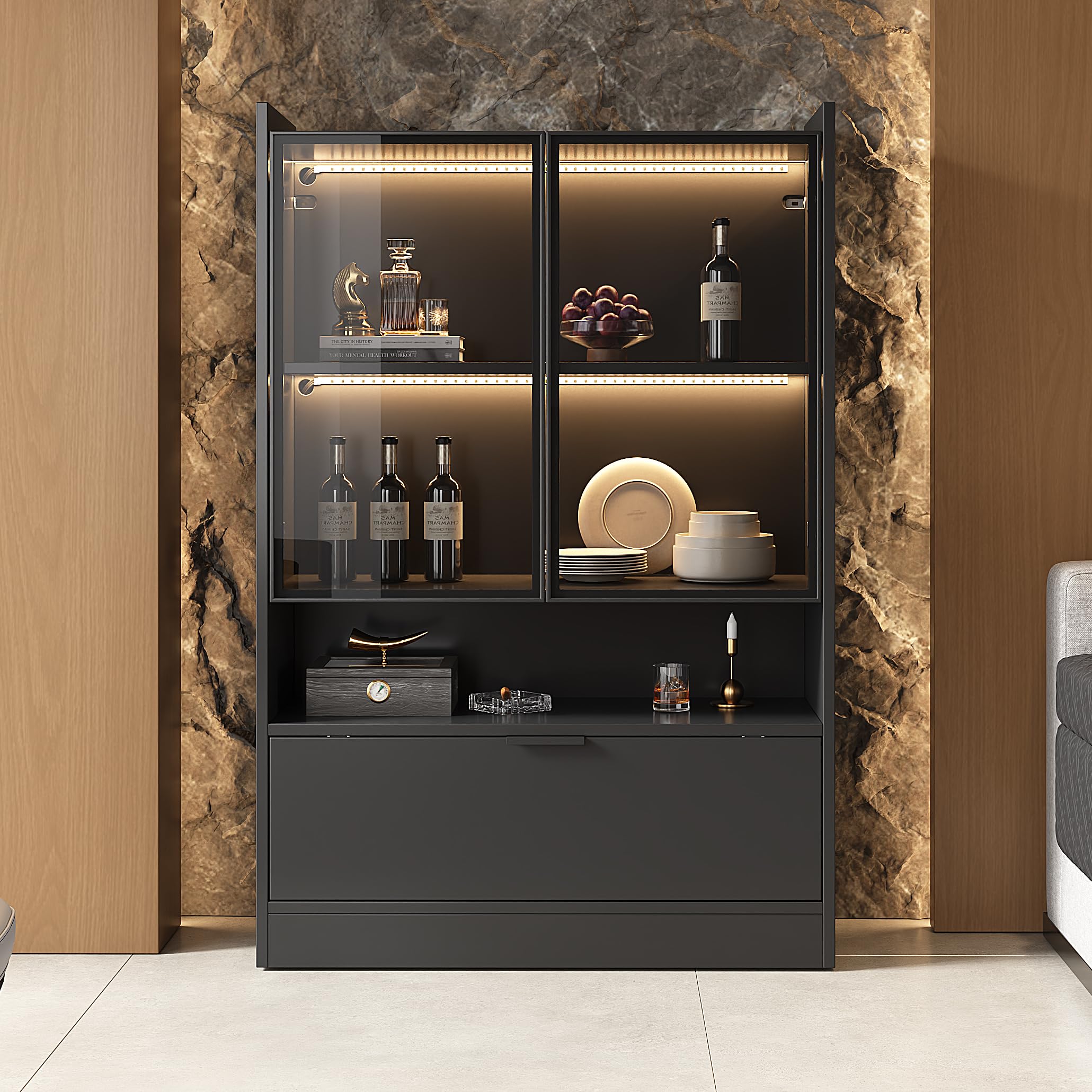 Vitrina Expositora con Iluminación LED, Vitrina Salon con 2 Puertas y Estante, Vitrina Cristal con Compartimento Abierto y Armario de Almacenaje, 80x120x35 cm, Negro