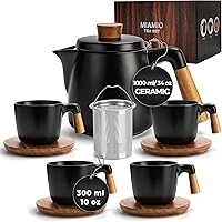 Vista 1 de MIAMIO – 34 Oz Ceramic Tea Pot Set with Infuser and Cups/Tea Strainer, 4 Ceramic Tea Mugs (10 Oz), Bamboo Saucers/Handle for Home and Office (Black)