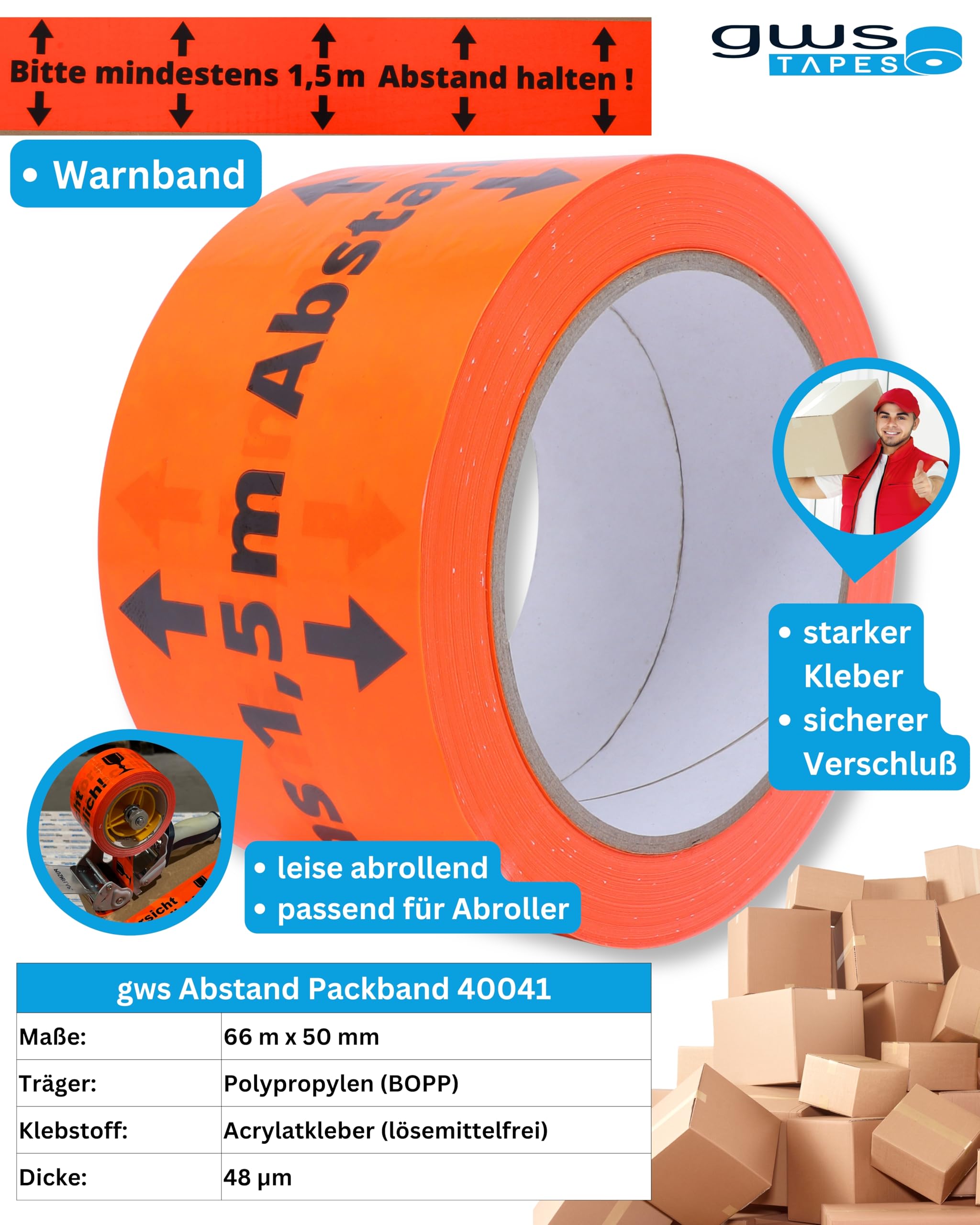 gws Lot de 6 rouleaux de ruban adhésif de signalisation de 1,5 m - En PVC orange - Qualité professionnelle - 60 mm x 66 m