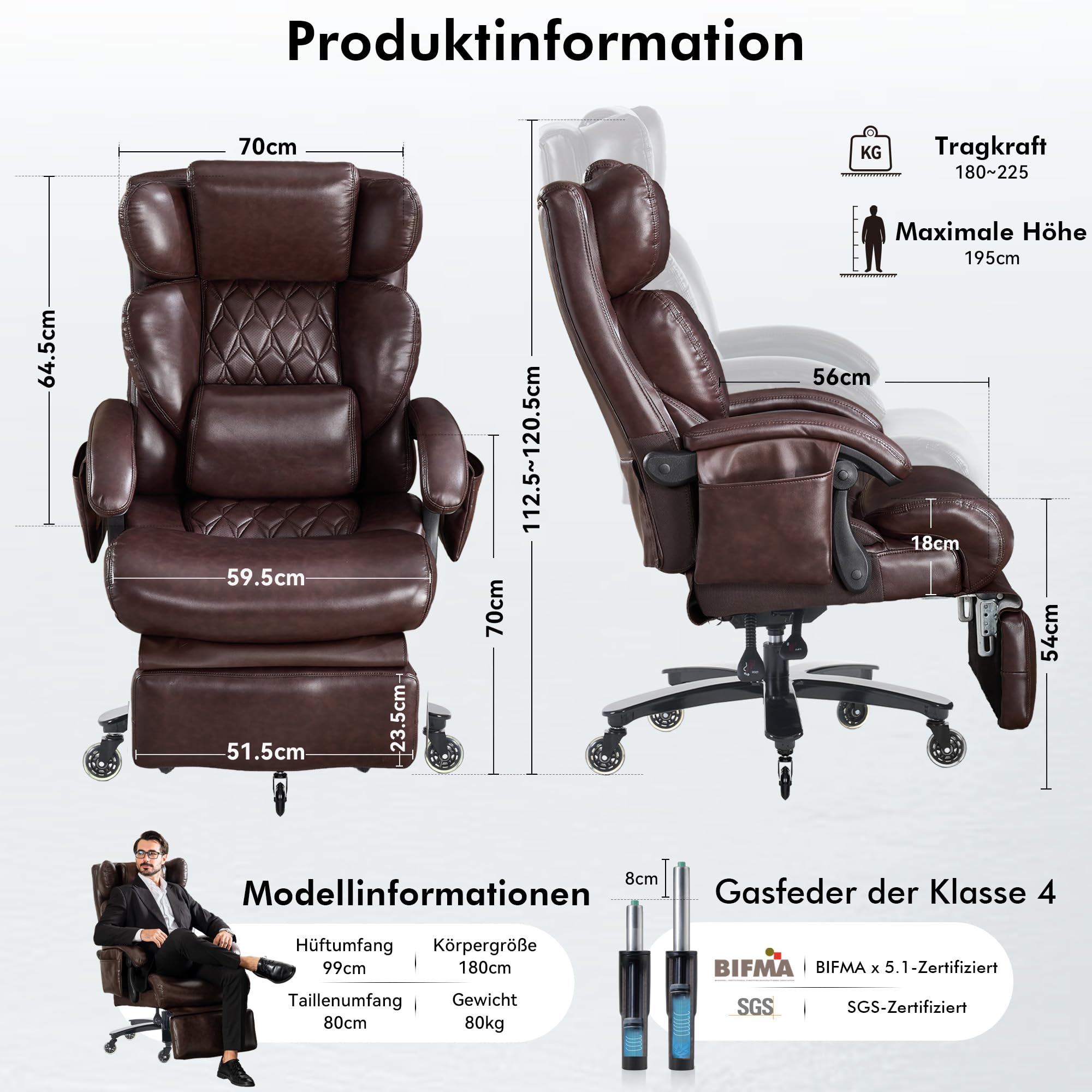 DEKKETO Bürostuhl Ergonomisch mit Fußstütze, Leder Chefsessel mit Massagefunktion, Verstellbare Kopfstütze und Lendenstütze, Rückenlehne, Drehstuhl mit Staufächern, Braun