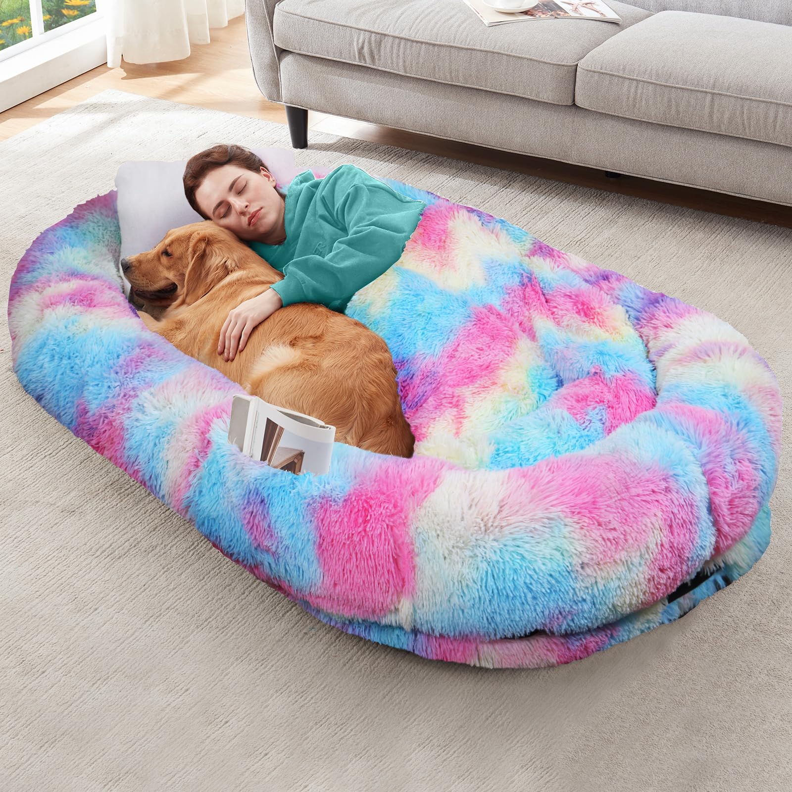 YAEM Human Dog Bed for Adult, 71"x45"x12" Calming Giant Pet Bed, Rainbow