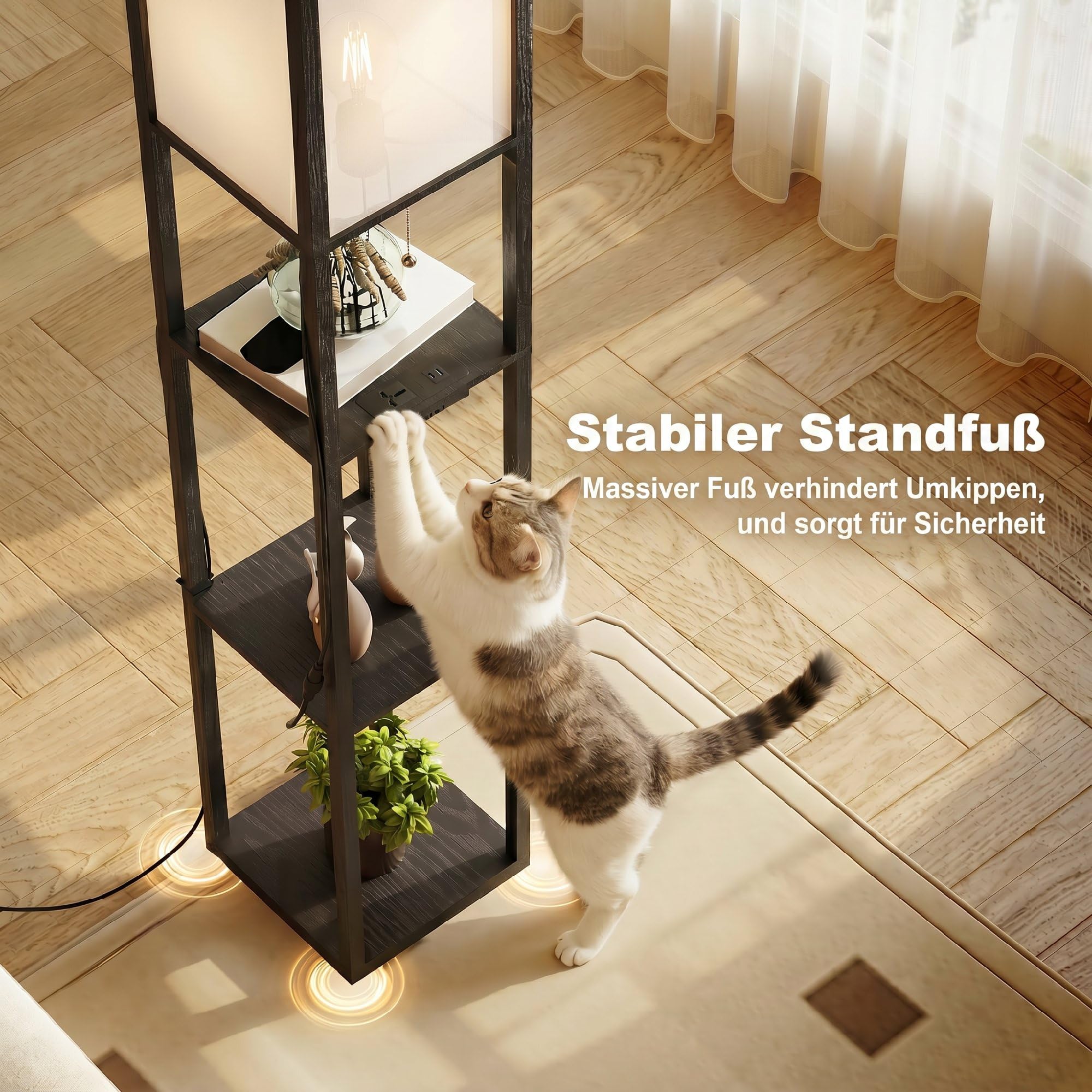 HOMCOM LED Stehlampe mit Regalen, Wohnzimmer Stehleuchte mit E27 Schwarz | Fassung bis 40W, USB-Anschlüsse, Standleuchte, Lampenschirm aus Acryl, für Schlafzimmer, Arbeitszimmer, Büro