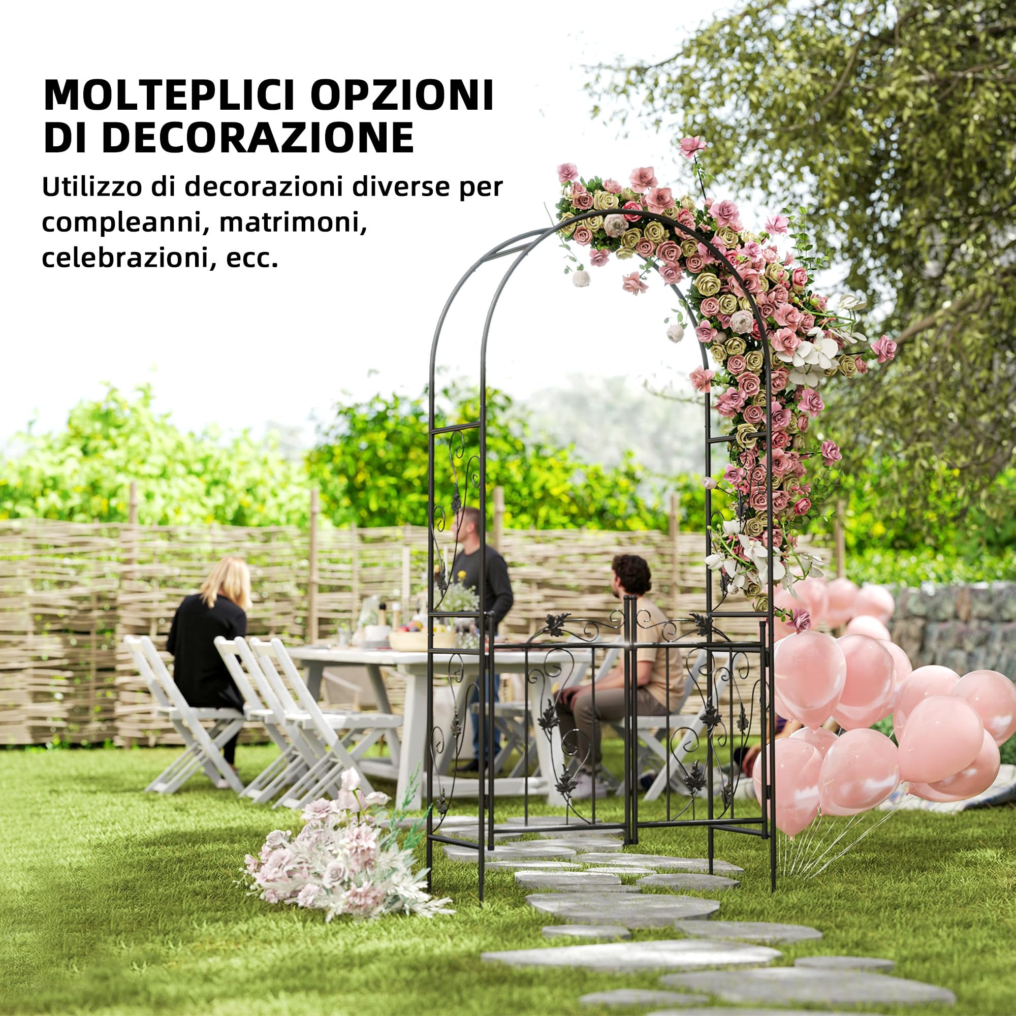 Outsunny Arco da Giardino con Cancello Traliccio per Piante Rampicanti, Archetto per Matrimoni e Feste in Metallo, 2.2x1 m, Nero