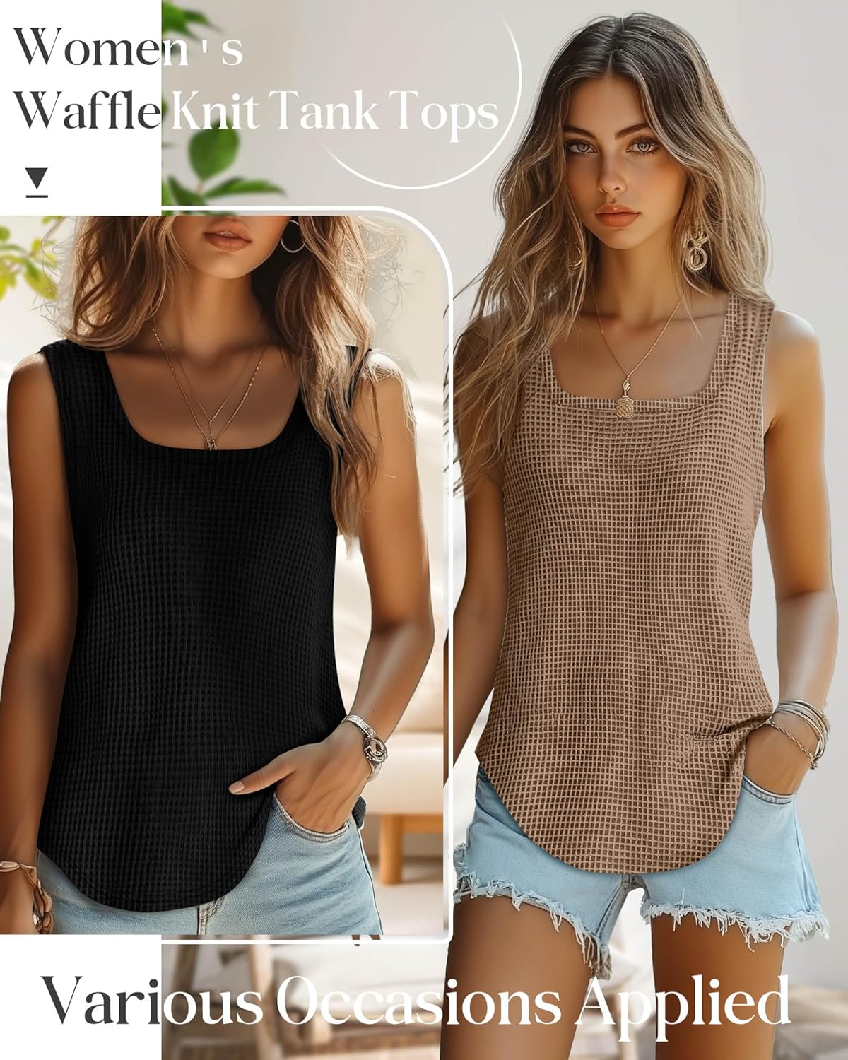 Riyiper 3 Pack Women's Waffle Knit Tank Tops, Scoop Neck Sleeveless Shirts Flowy Loose Beach Tops 2025 Summer Trendy - Image 2