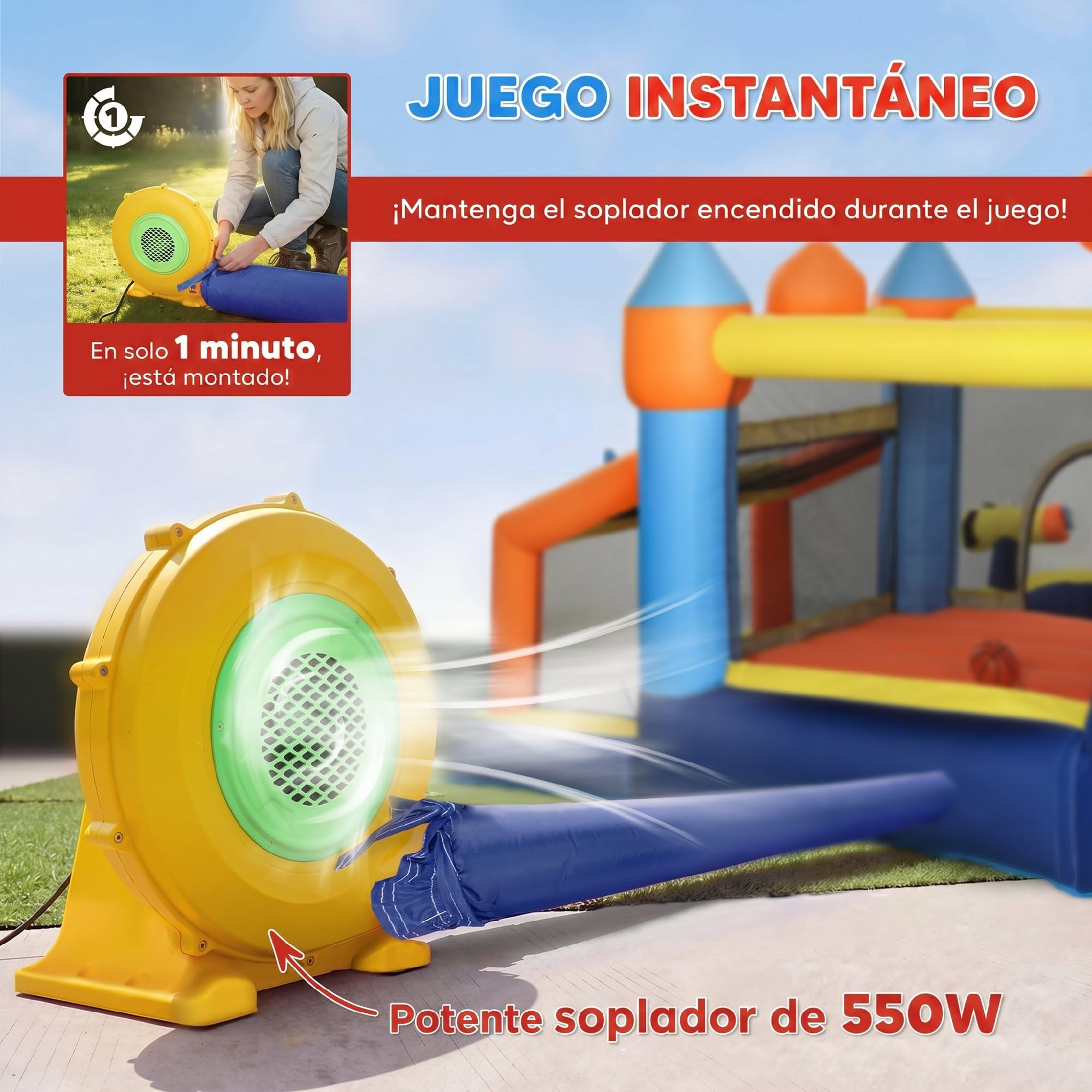 AIYAPLAY Castillo Hinchable Acuático 8 en 1 con Soplador 550W Castillo Hinchable Niños con Tobogán Extralargo Seco/Mojado Zona de Salto Escalada Piscina Portería Canasta Exterior Interior 350x325x210