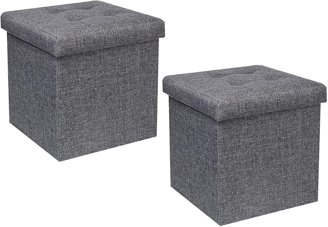 Bonlife Grey Ottoman with Storage Linen Foot Stool Foldable Reat Seat Toy Chest Folding Storage Boxes Fabric with Lid Pack of 2 (32X32X32cm)