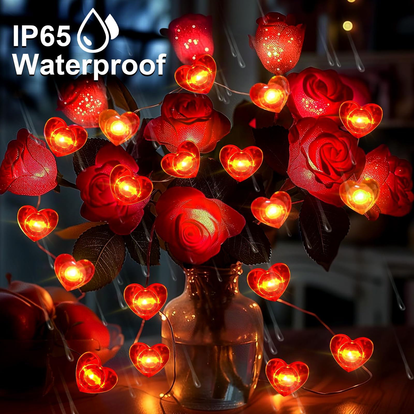 Luce rossa a forma di cuore da 50 LED, 4,6 m, presa USB e luce lampeggiante impermeabile alimentata a batteria, per interni ed esterni, proposta di Natale, anniversario, San Valentino