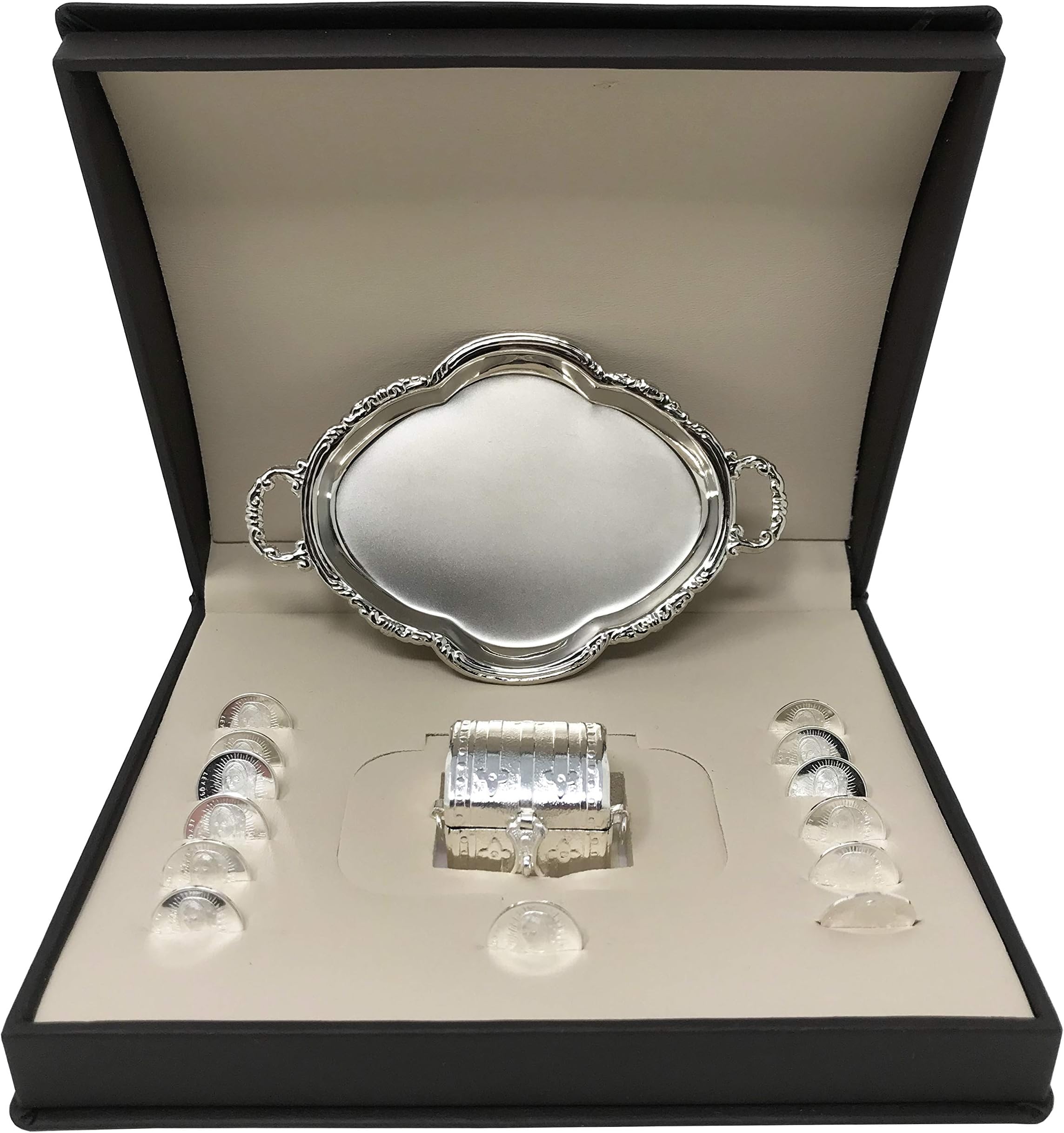 Premium 99.9% Pure Silver Wedding Arras (13 pcs) with a Miniature Chest Box, a Medallion and a Brown Case. Wedding Unity Coins. Silver Wedding Unity Coins. Arras de Plata con Pureza .999 para Boda.