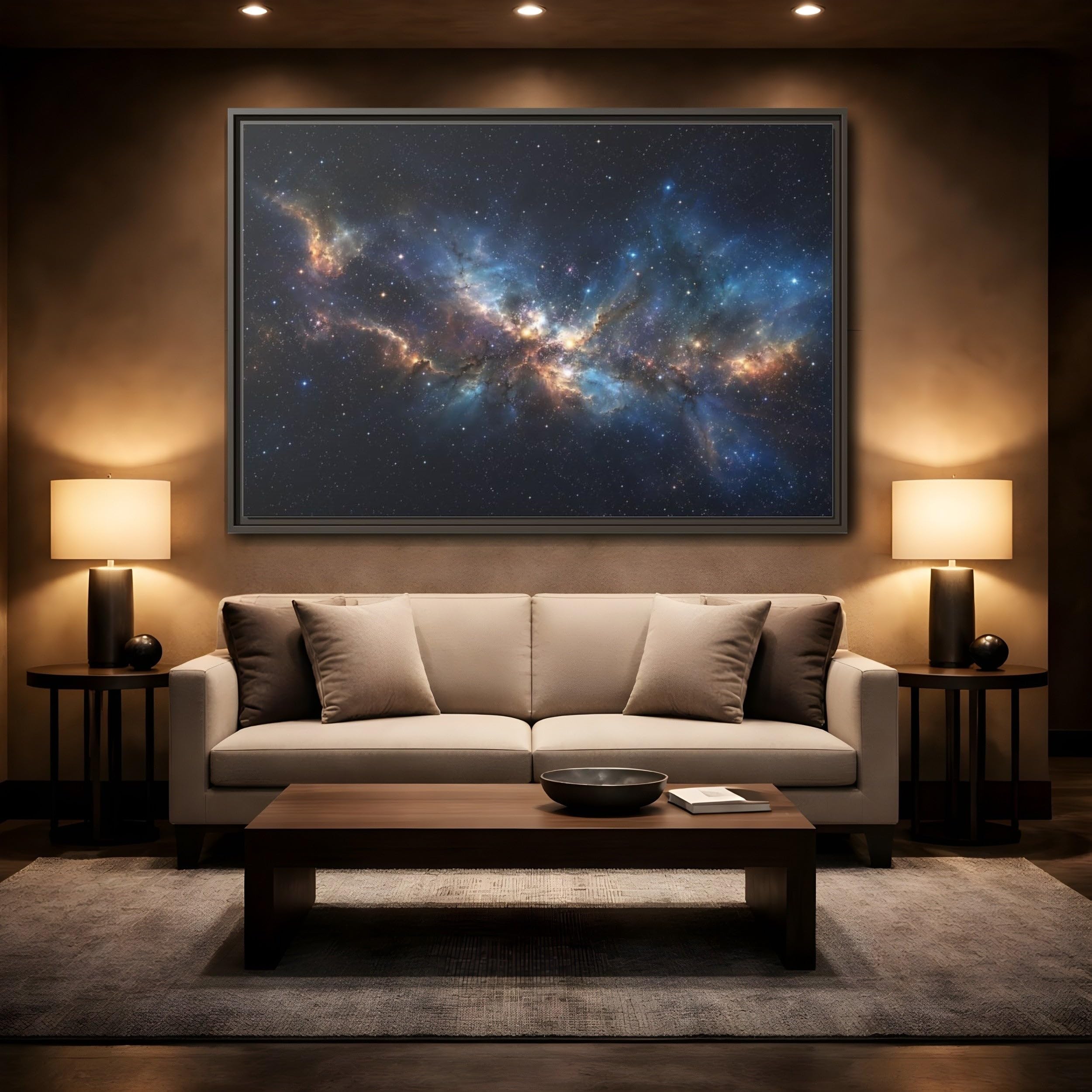 Science Fiction Nebula Blue And Orange Framed Canvas Wall Art Print – Modern Living Room Above Console Table 36×24 inch (90×60 cm) - Horizontal/Black / 1.25 inch (3 cm)