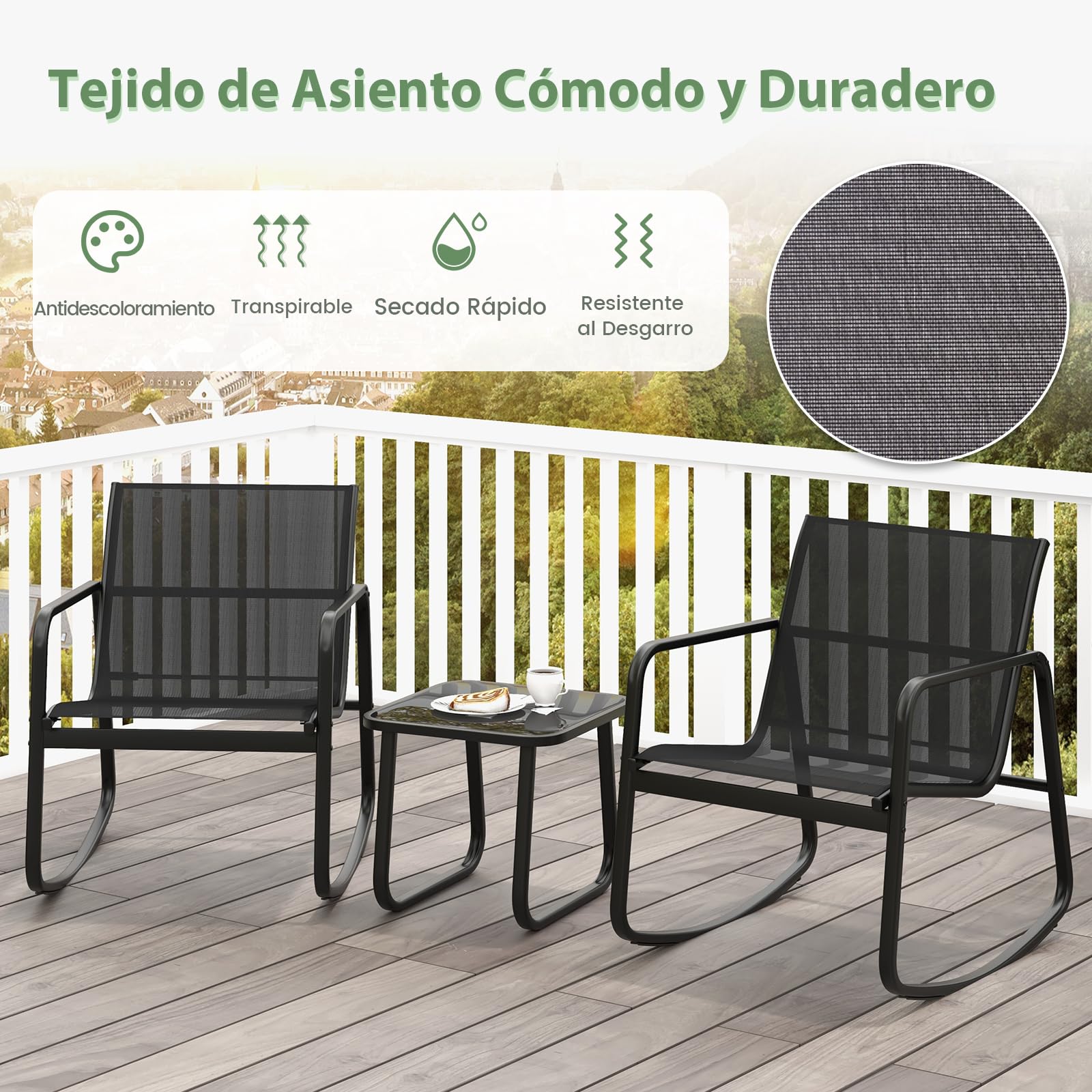 COSTWAY Mesa y Sillas Terraza, 2 Mecedoras de Bistró y 1 Mesa Baja con Tapa de Vidrio, Tela Textilene, Conjunto Jardin Terraza Exterior Balcon, Juego de Mecedora (Negro)