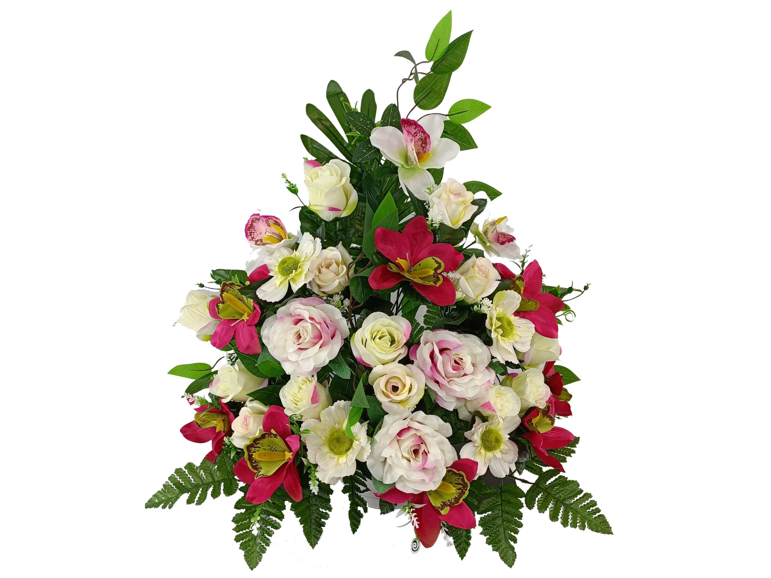 DRW Centro Flores Artificiales Cementerio, Santos, Iglesias, Aniversarios, Ceremonias, Bodas Rosa y Fucsia con orquideas, Rosas y capullos 70x65x30 cm