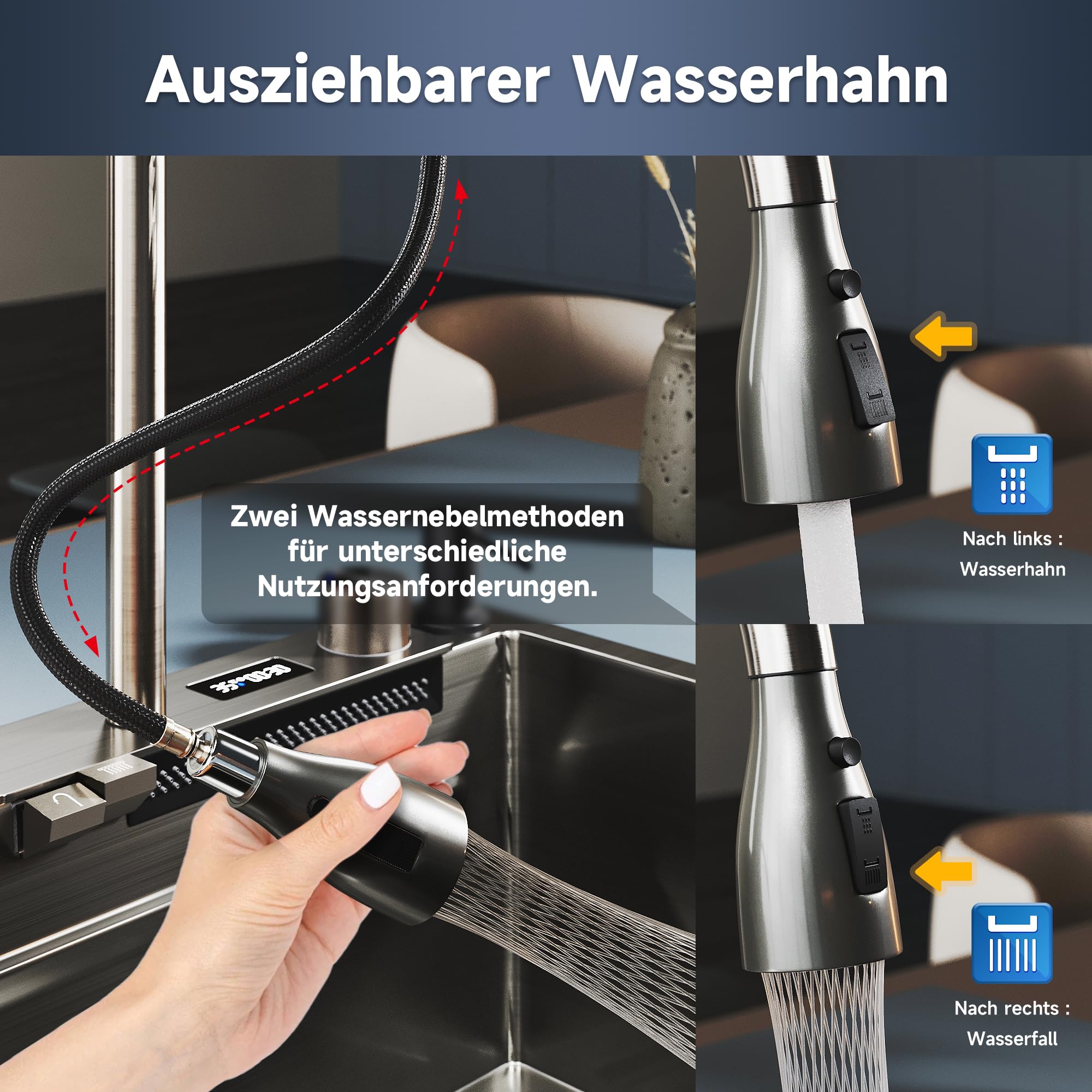 SONNI Küchenspüle 80x45x23cm mit Temperaturanzeige, Wasserfall, Schwarz | Edelstahl Spülbecken mit Wasserhahn, Wasserfilter, Gläserspüler, Abtropfwanne, Seifenspender, Schneidebrett, Ablaufset