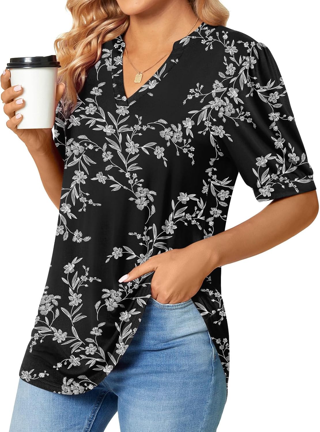 Anyally Womens Summer/Spring Puff Short Sleeve Tops Dressy Casual V-Neck T-Shirts Cute Blouse for Work - Image 2