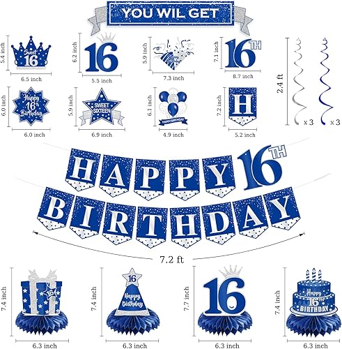 Miniatura 6 de Kit de decoración de cumpleaños número 16 – azul, pancarta de feliz cumpleaños 16, centros de mesa de panal de remolinos, suministros para fiesta de