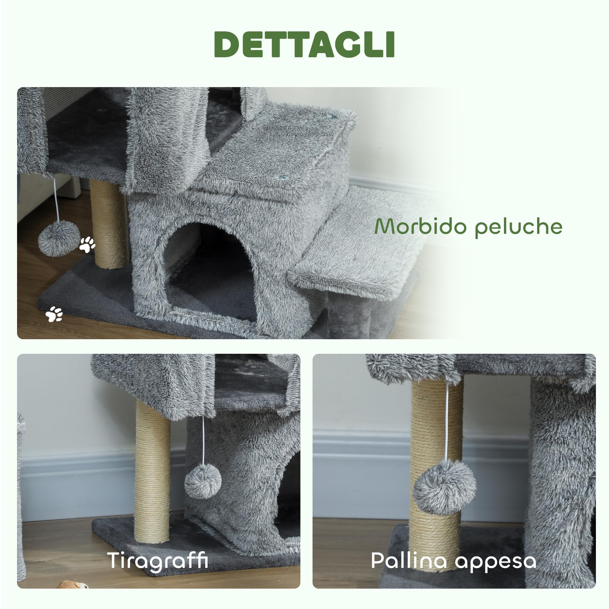 PawHut Scaletta per Gatti a 4 Gradini Regolabile in Altezza, Scalini per Gatti con 2 Casette, Palo Tiragraffi e Pallina, Scaletta per Cani e Gattini per Letto e Divano, Grigio