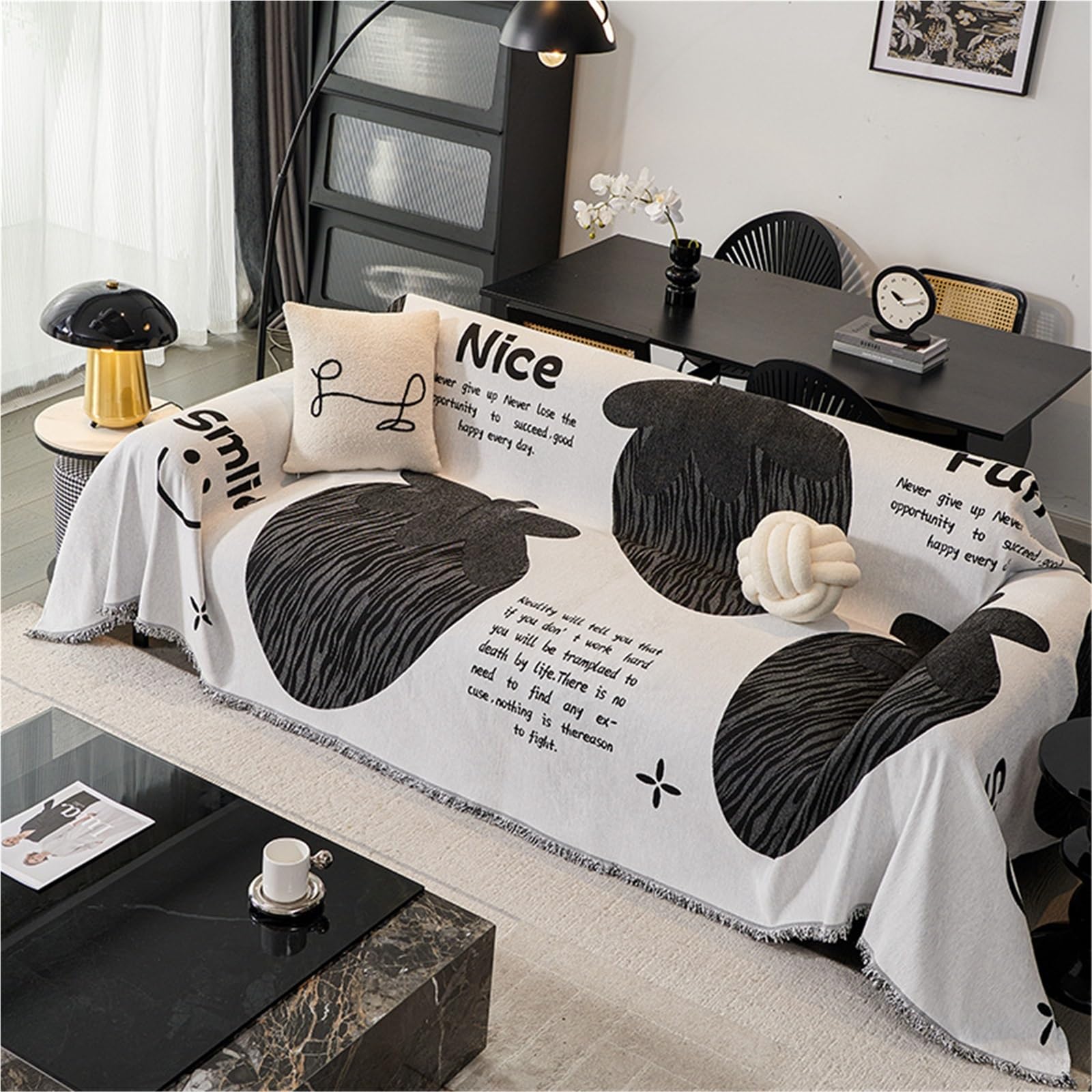 Serviette De Canapé en Chenille Couverture De Canapé Réversible Couverture De Canapé Noire Et Blanche Housse De Canapé Antidérapante Glands Décoratifs Housse De Canapé Double Face(180X230cm)