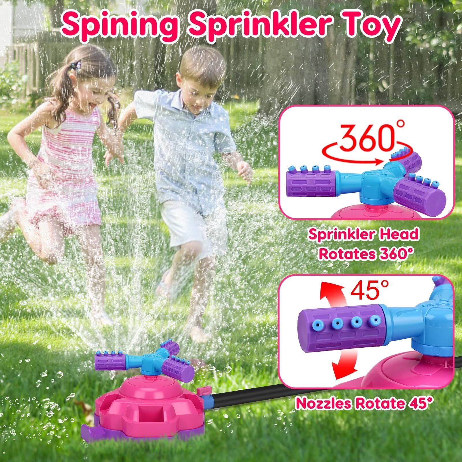 4-in-1 Sprinkler Toys for Kids Water Outdoor Baseball Rocket Launcher Rotating Water Spray Sprinklers Toys Toddler 4-8 8-12 Year Old Summer Backyard Garden Lawn Pool Outside Water Play Game Ages 3-5