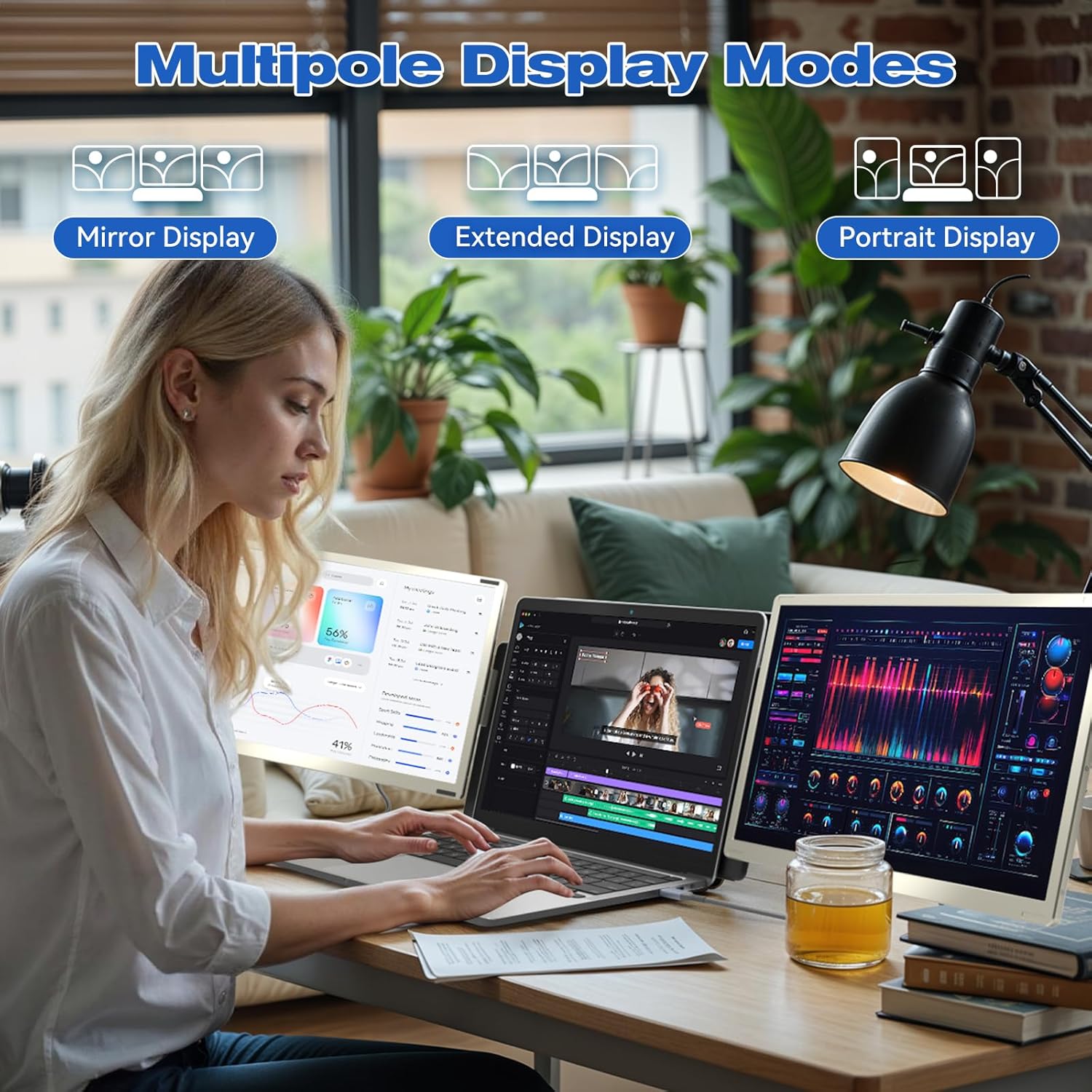 Billede af en bruger, der arbejder med en bærbar computer og to KEFEYA S6 bærbare skærme, der illustrerer tilstandene Spejlvisning, Udvidet visning og Portrætvisning.
