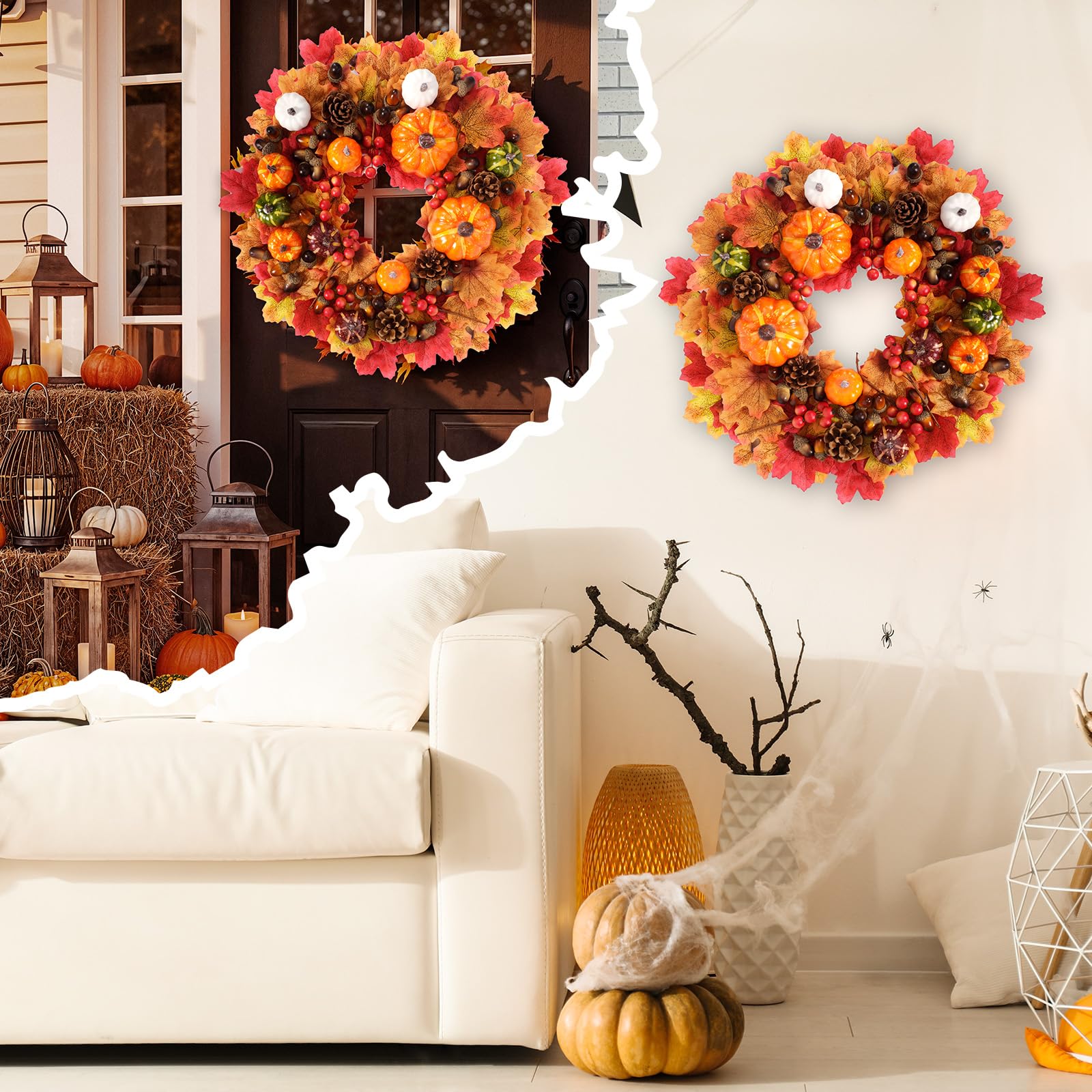 Citrouilles Artificielles, 162 Pièces Décoration de Citrouilles Automne, Mini Fausses Citrouille, Pommes de pin, Feuilles d'érable, Glands, etc, pour Halloween Thanksgiving Decoration Automne