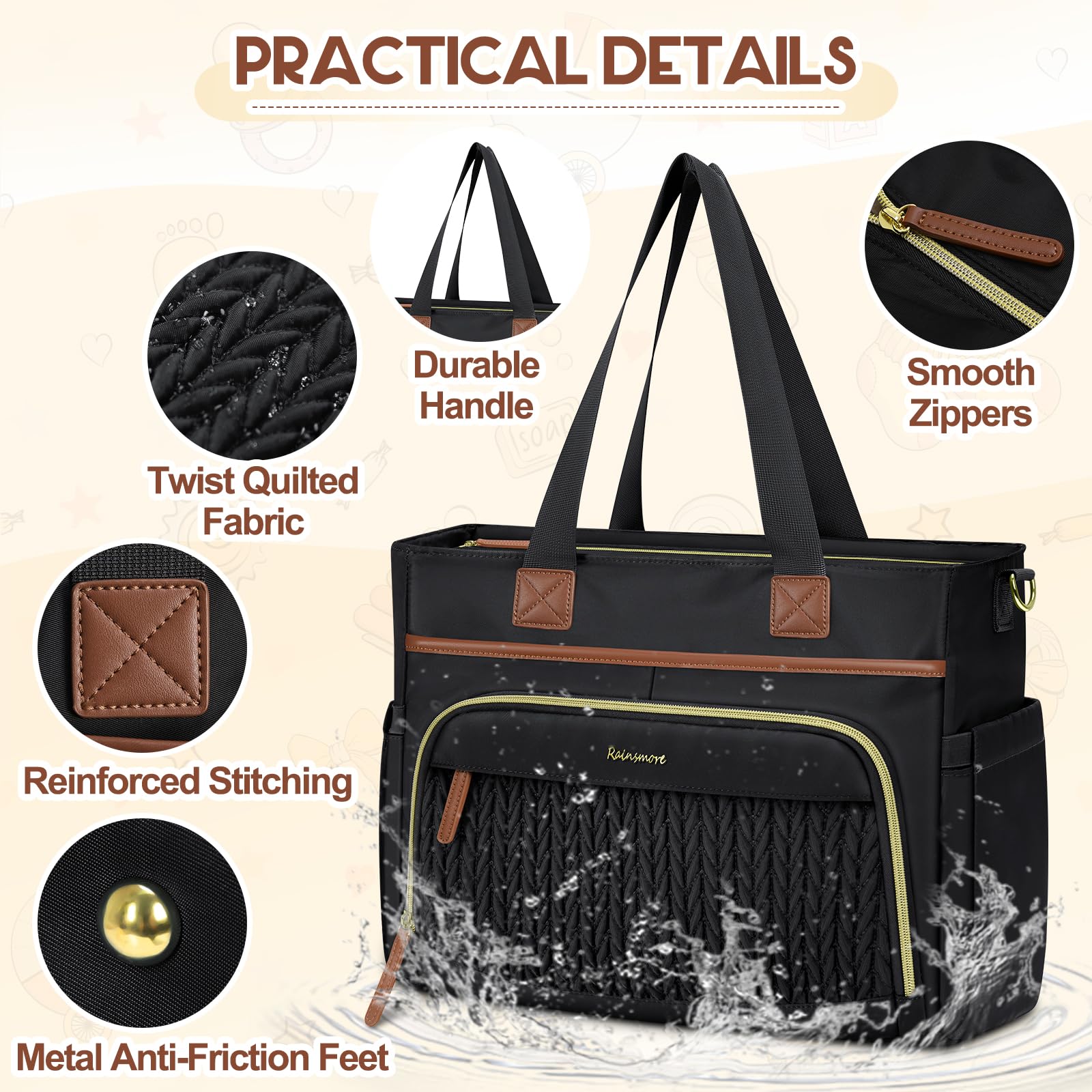 RAINSMORE Sac à langer fourre-tout pour bébé avec étui à tétine, grand sac à langer de voyage pour maman et papa, sac multifonction pour bébé