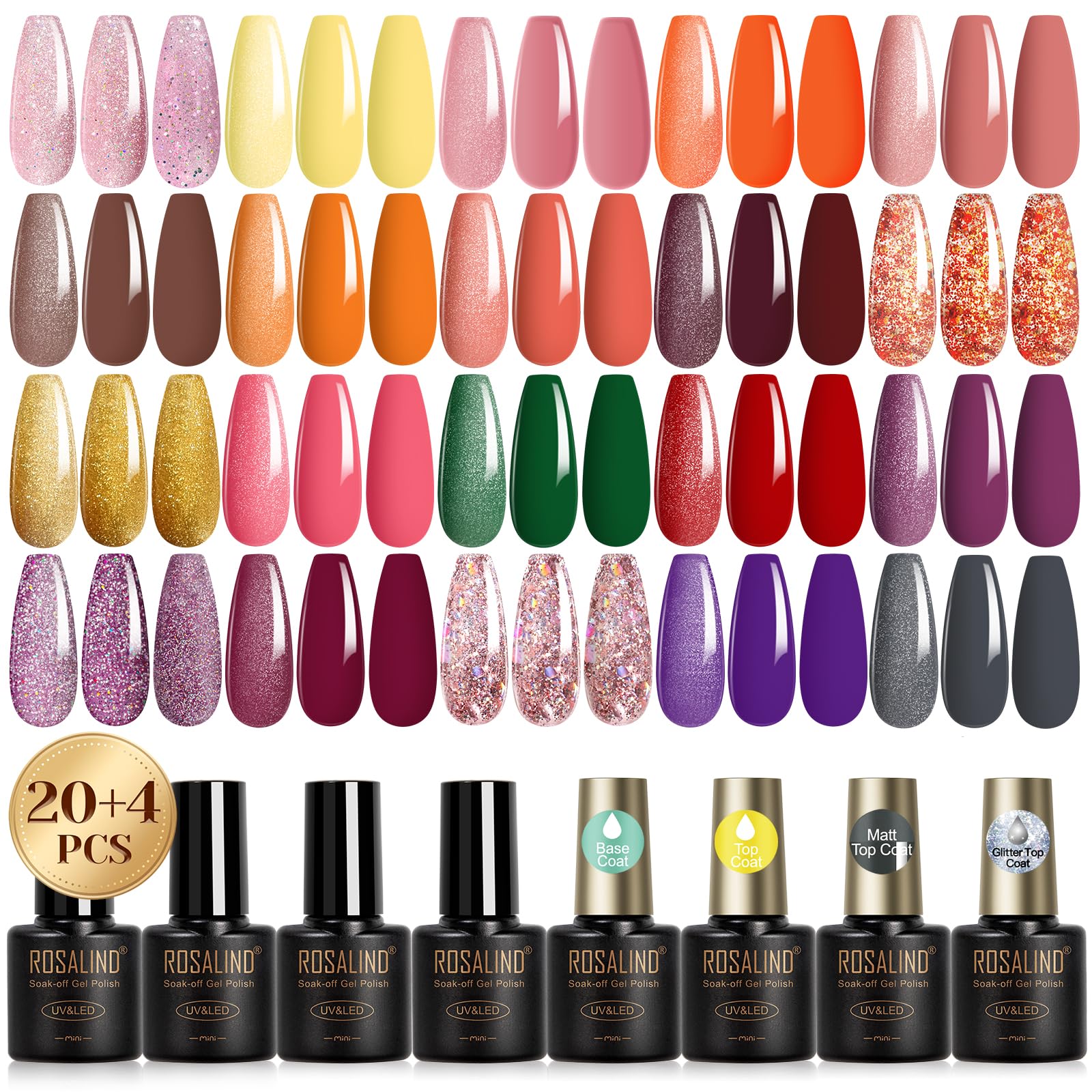 ROSALIND 24pcs Pumpkin Red Gel Polish Set with Base Coat Glossy Matte Glitter Top Coat Orange Red Fall Colors Gel Polish Set