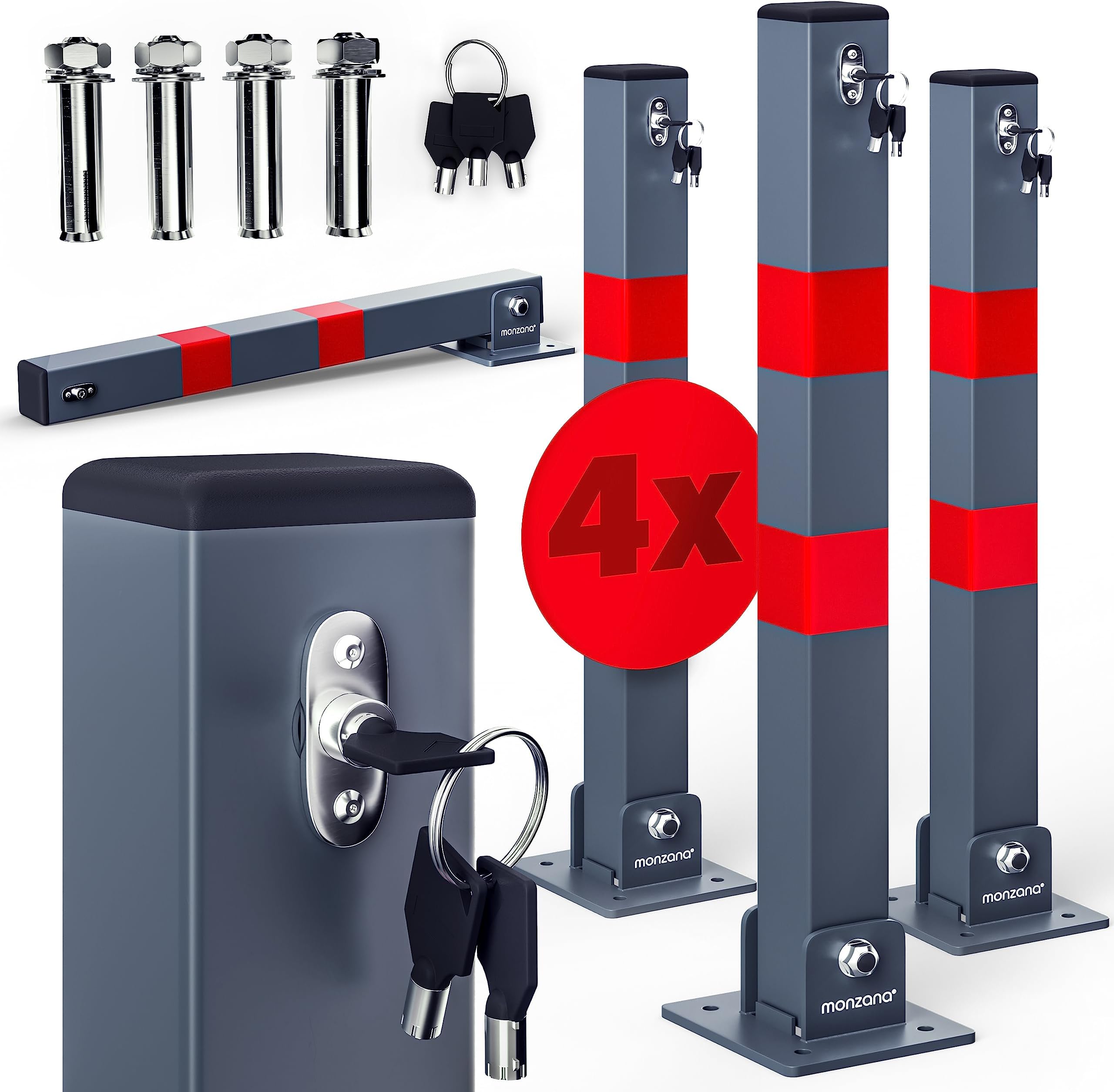 DEUBA® 4X Car Security Barrier for Driveways | Telescopic Retractable Parking Space Bollard | 3 Keys | Pre-Drilled Base Plate, Reflective Strips
